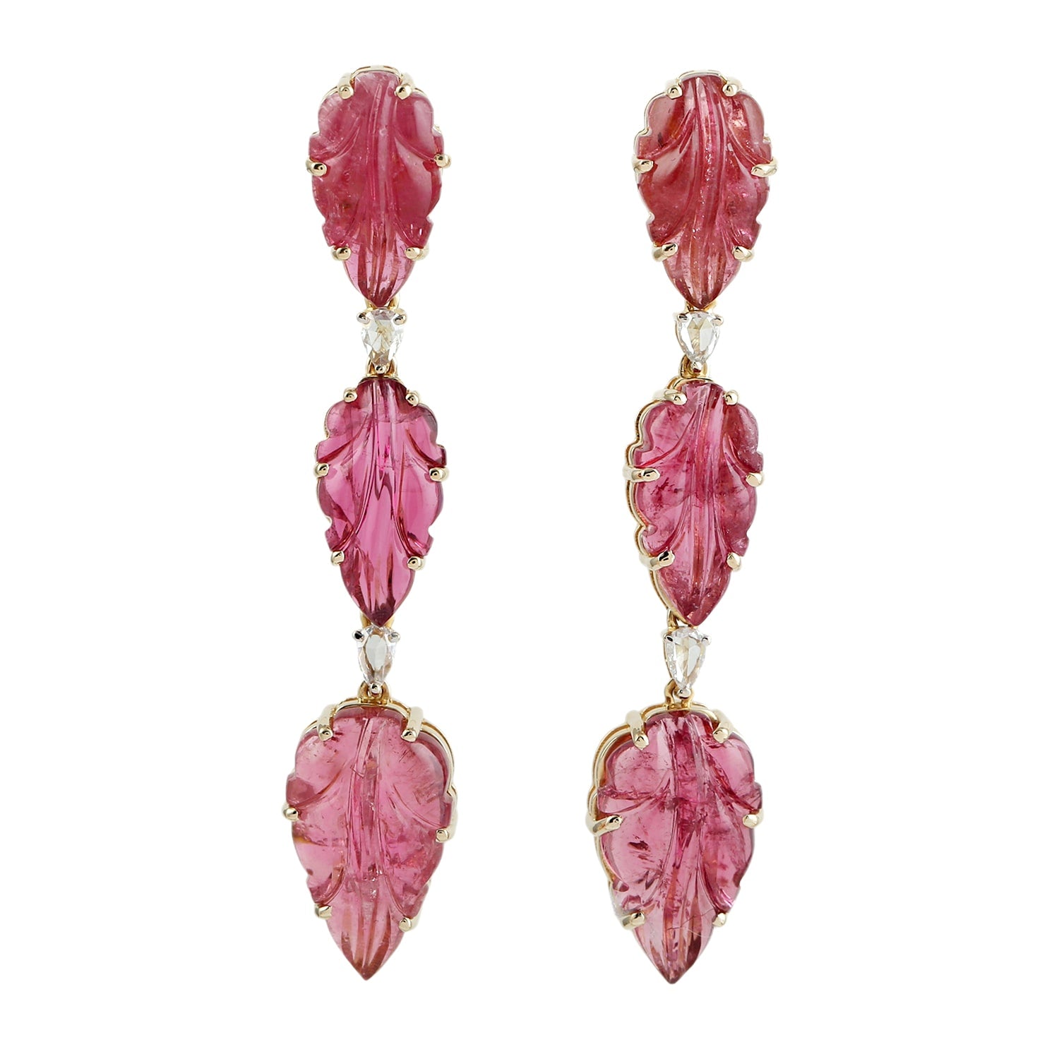 Carved Pink Tourmaline & Diamond Leaf Drop Earrings In 14Kt Gold