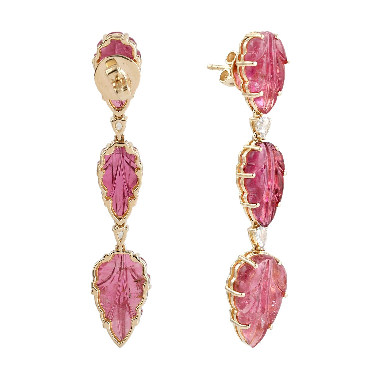 Carved Pink Tourmaline & Diamond Leaf Drop Earrings In 14Kt Gold