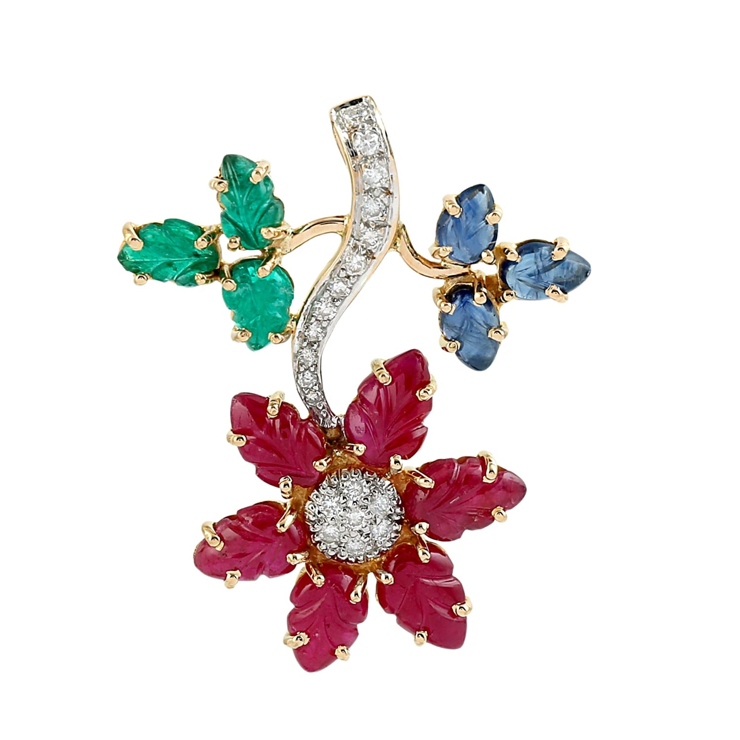 Carved Ruby Multi Gemstone Pave Diamond Designer Pendant In Gold