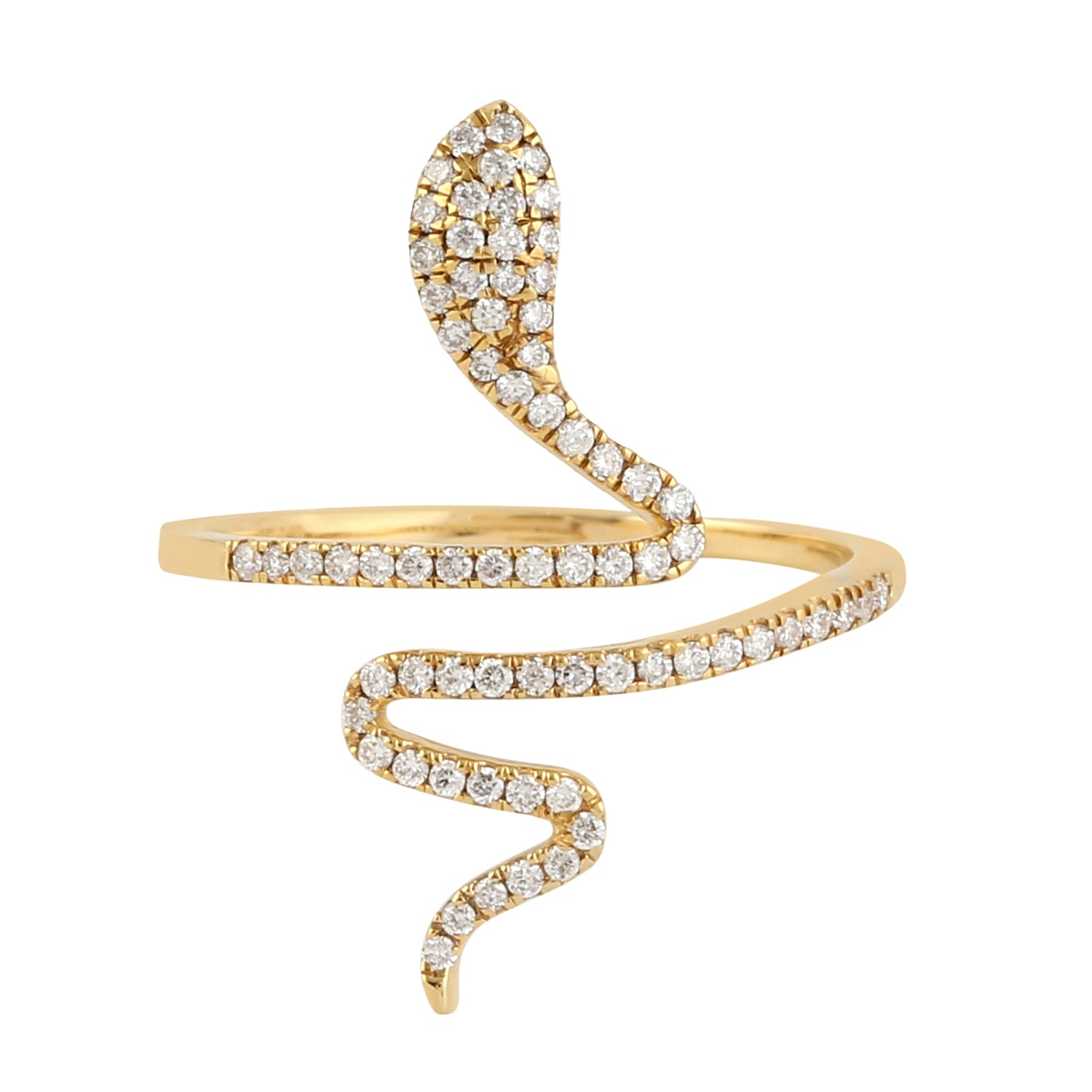 Carved Snake Ring With Pave Diamonds In 18K Yellow Gold