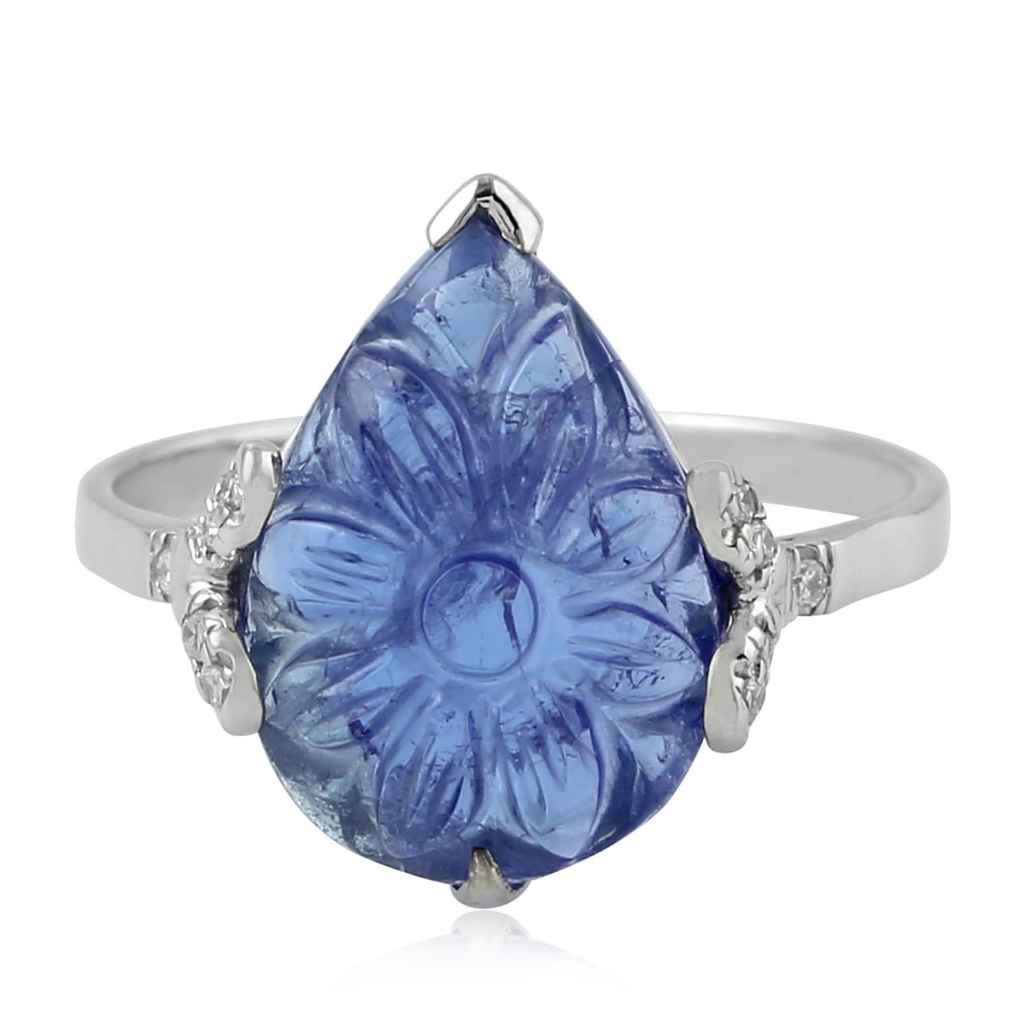 Carved Tanzanite & Pavé Diamond Pear Ring In White Gold – Statement Gemstone Jewelry