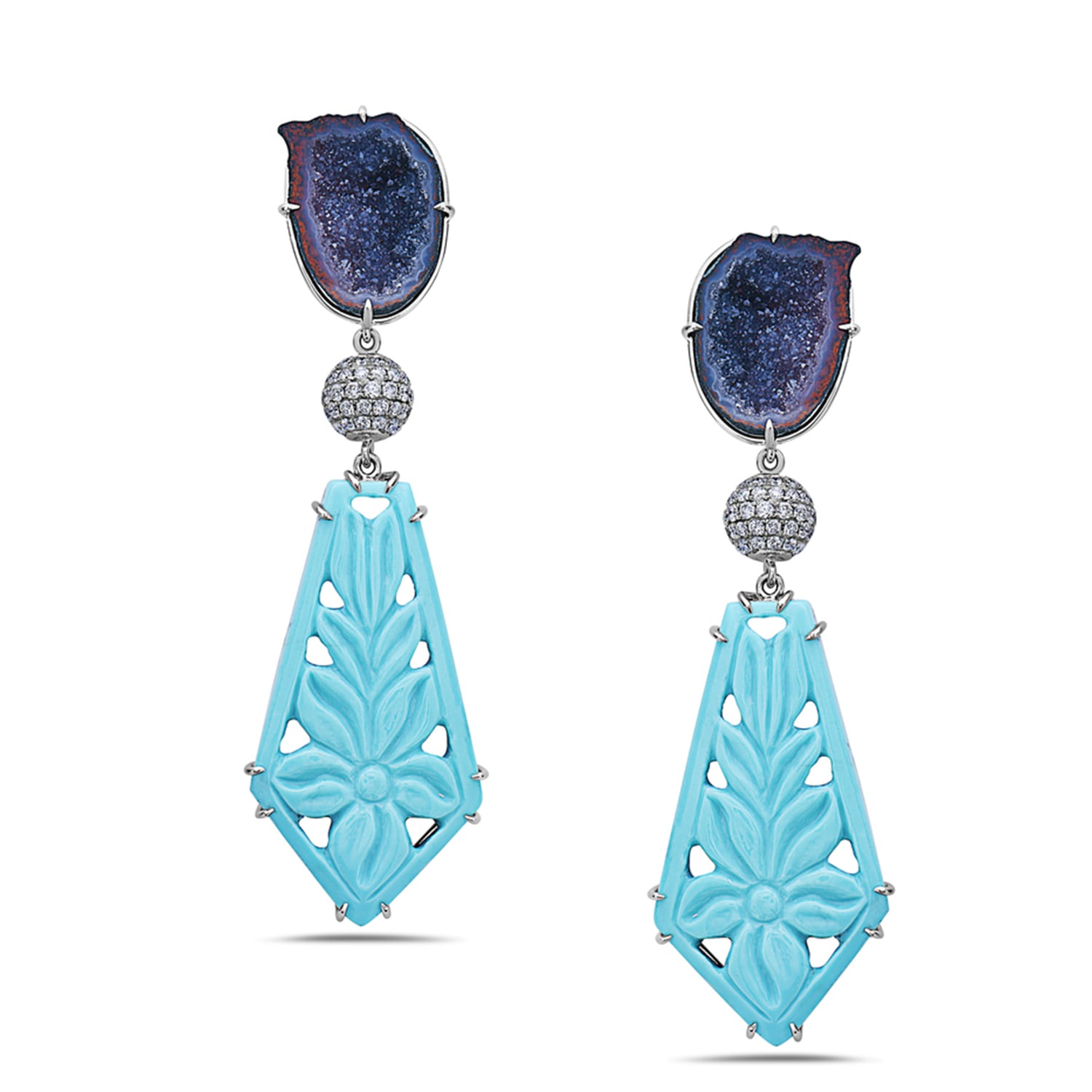 Carved Turquoise Drop Earrings With Geode & Diamond Pave In White Gold