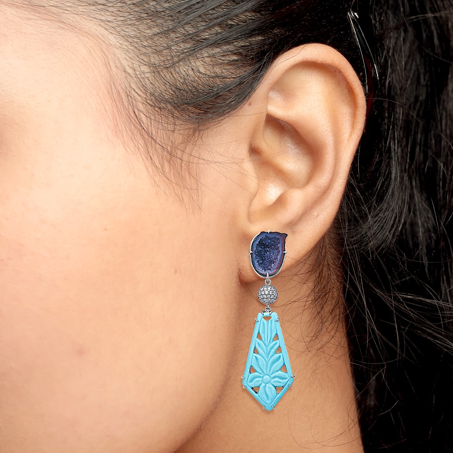 Carved Turquoise Drop Earrings With Geode & Diamond Pave In White Gold