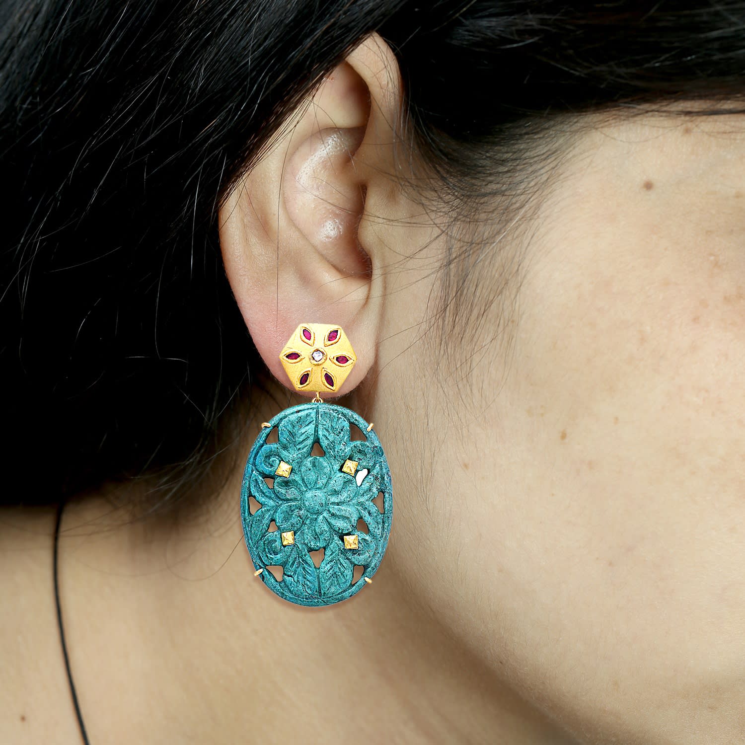 Carved Turquoise & Ruby Gemstone Bezel Diamond Dangle Earrings In Gold