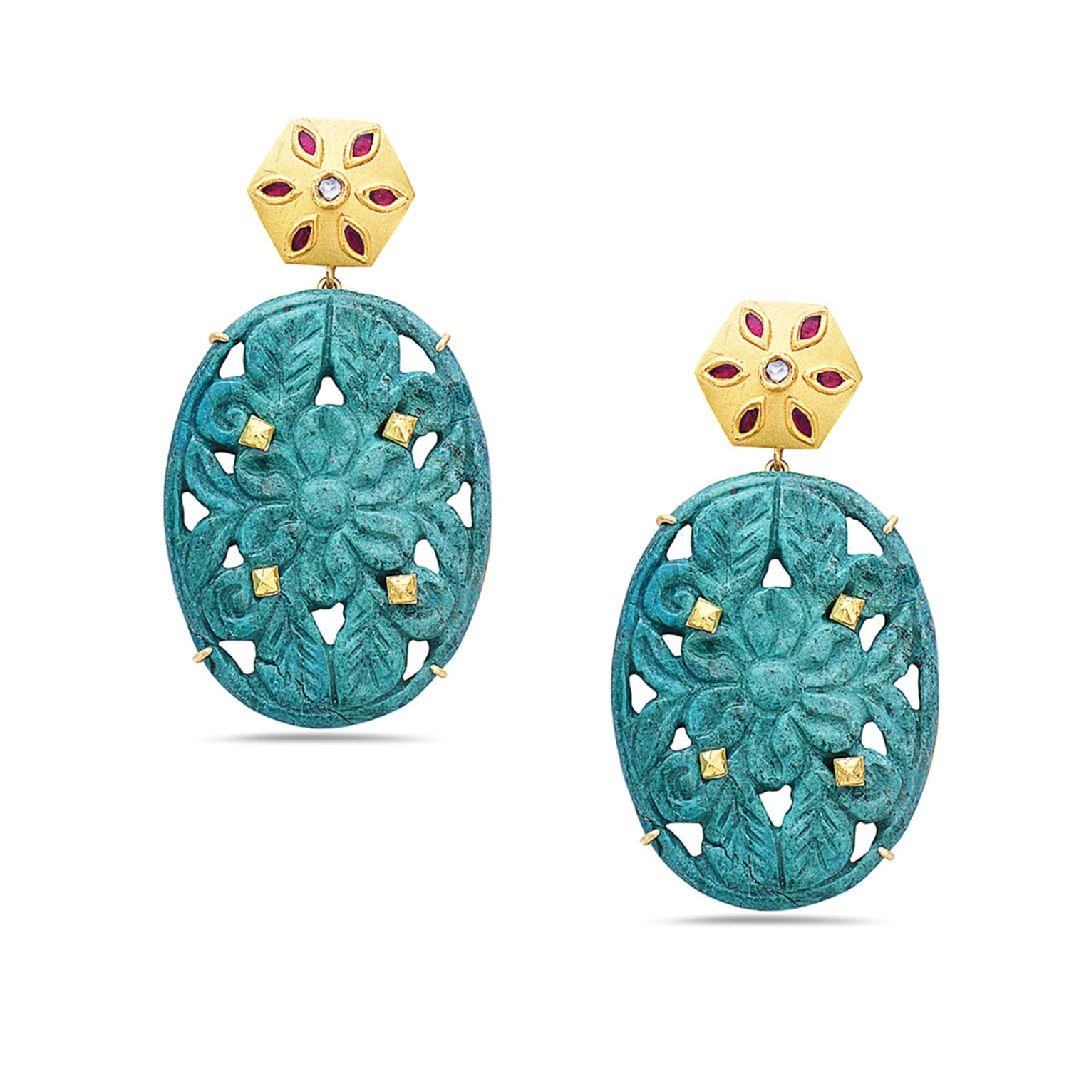 Carved Turquoise & Ruby Gemstone Bezel Diamond Dangle Earrings In Gold