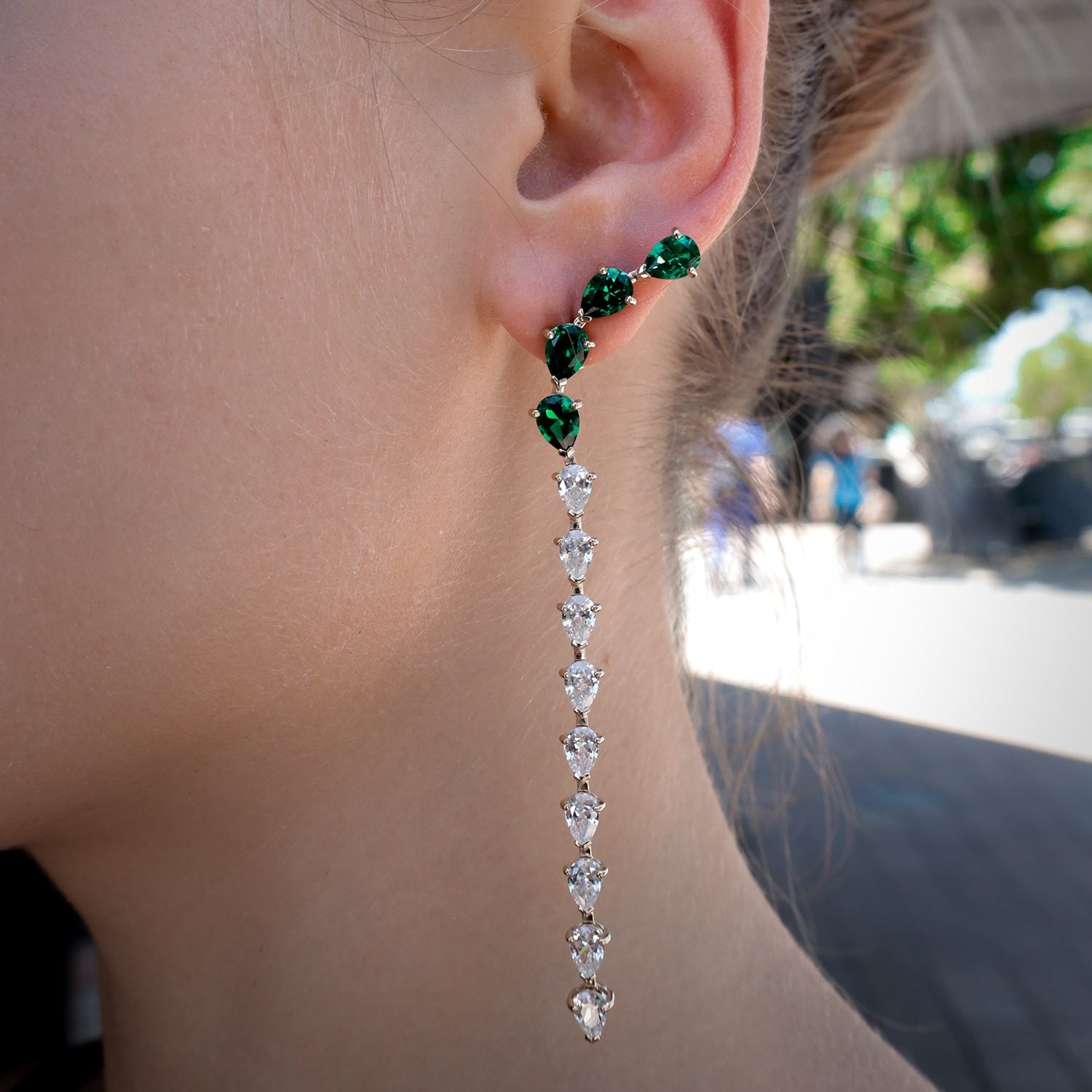 Cascade Drop Earrings With Man Made Emeralds & Cz Diamond Stimulant In 18K Gold Vermeil