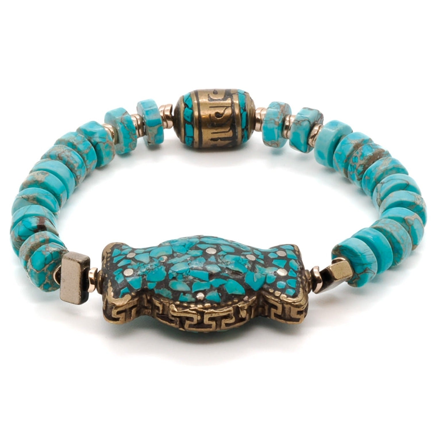 Turquoise Stone Beaded Nepal Mantra Bracelet - Blue