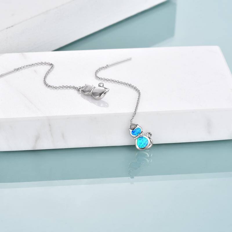 Sterling Silver Blue Opal Cat Chain Earrings Drop Earring For Women