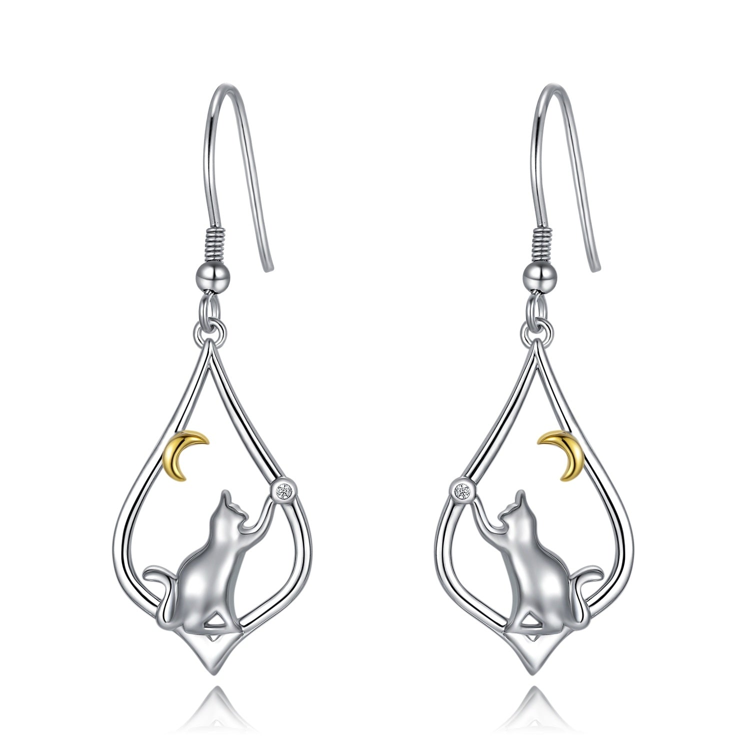 Sterling Silver Two-tone Cat & Moon Drop Earrings
