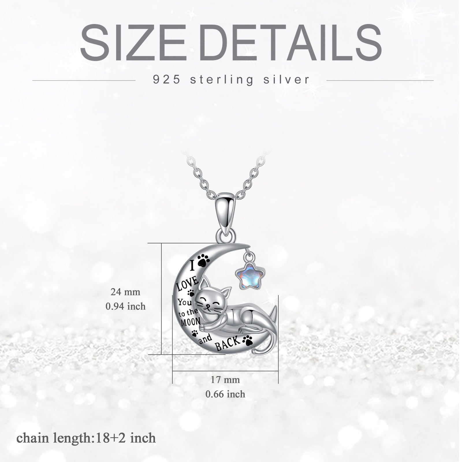Sterling Silver Moonstone Cat Paw Moon Star Engraved Necklace for Women