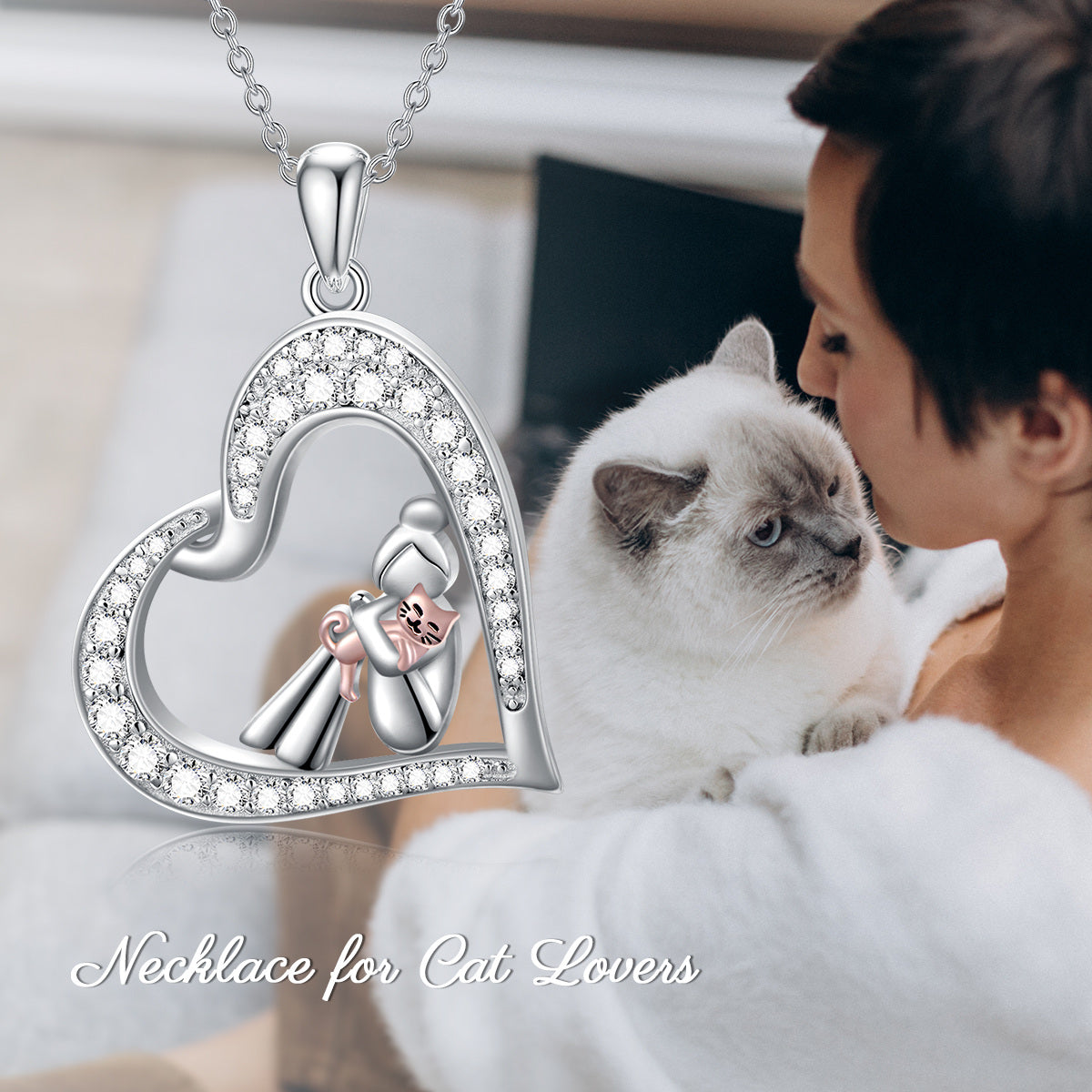 Sterling Silver Two-tone Heart Zircon Cat & Girl Pendant Necklace