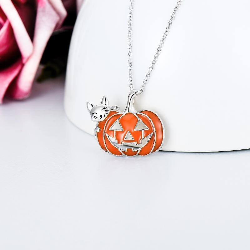 Sterling Silver Cat & Pumpkin Pendant Necklace
