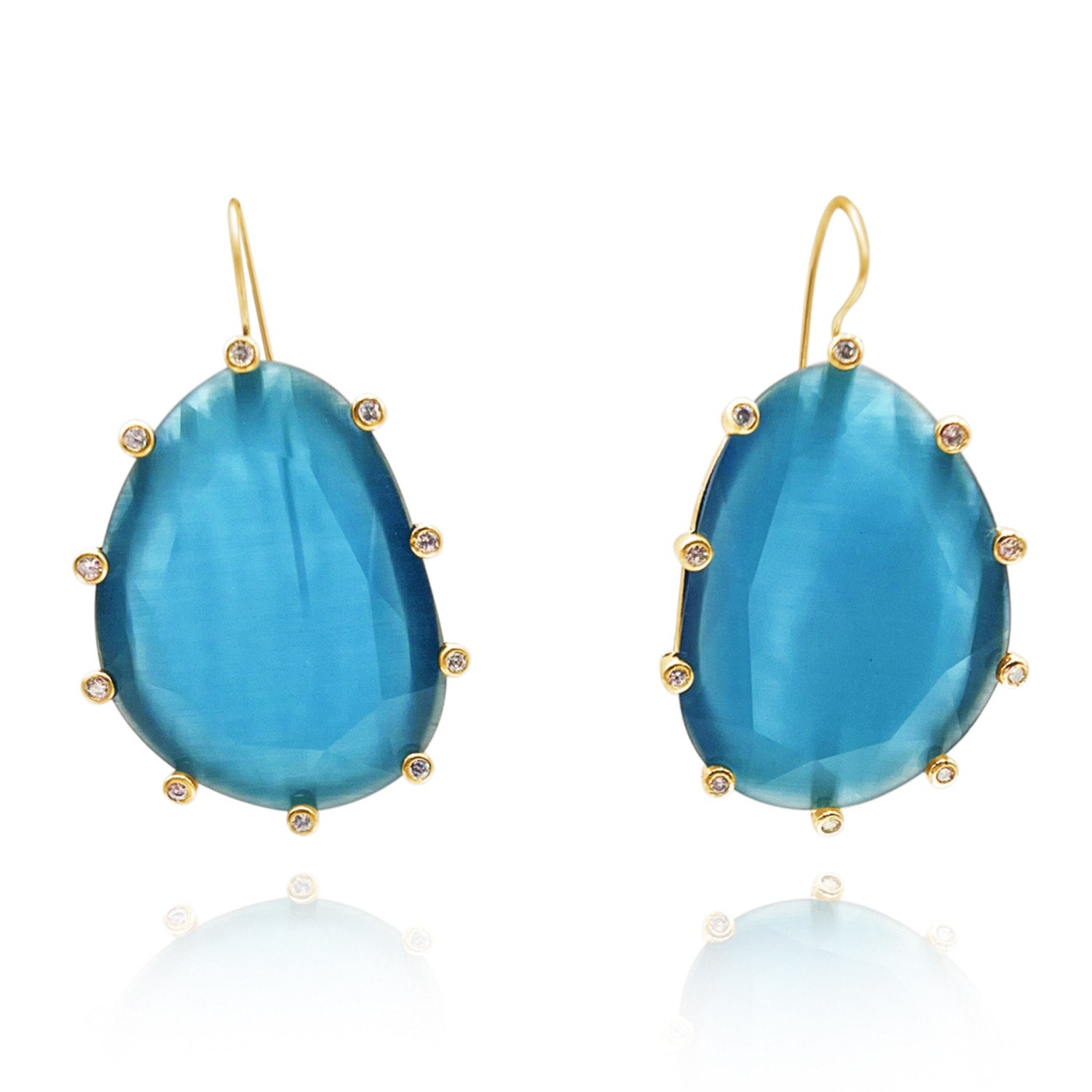 Cat’s Eye Sliced Turquoise And Cubic Zirconium Earrings In Brass With Gold-Filled Wires