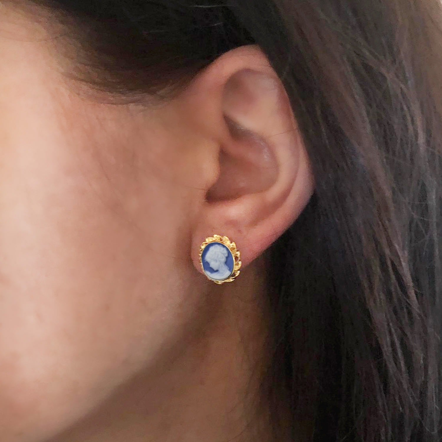 Gold-Plated Blue Mini Cameo Stud Earrings