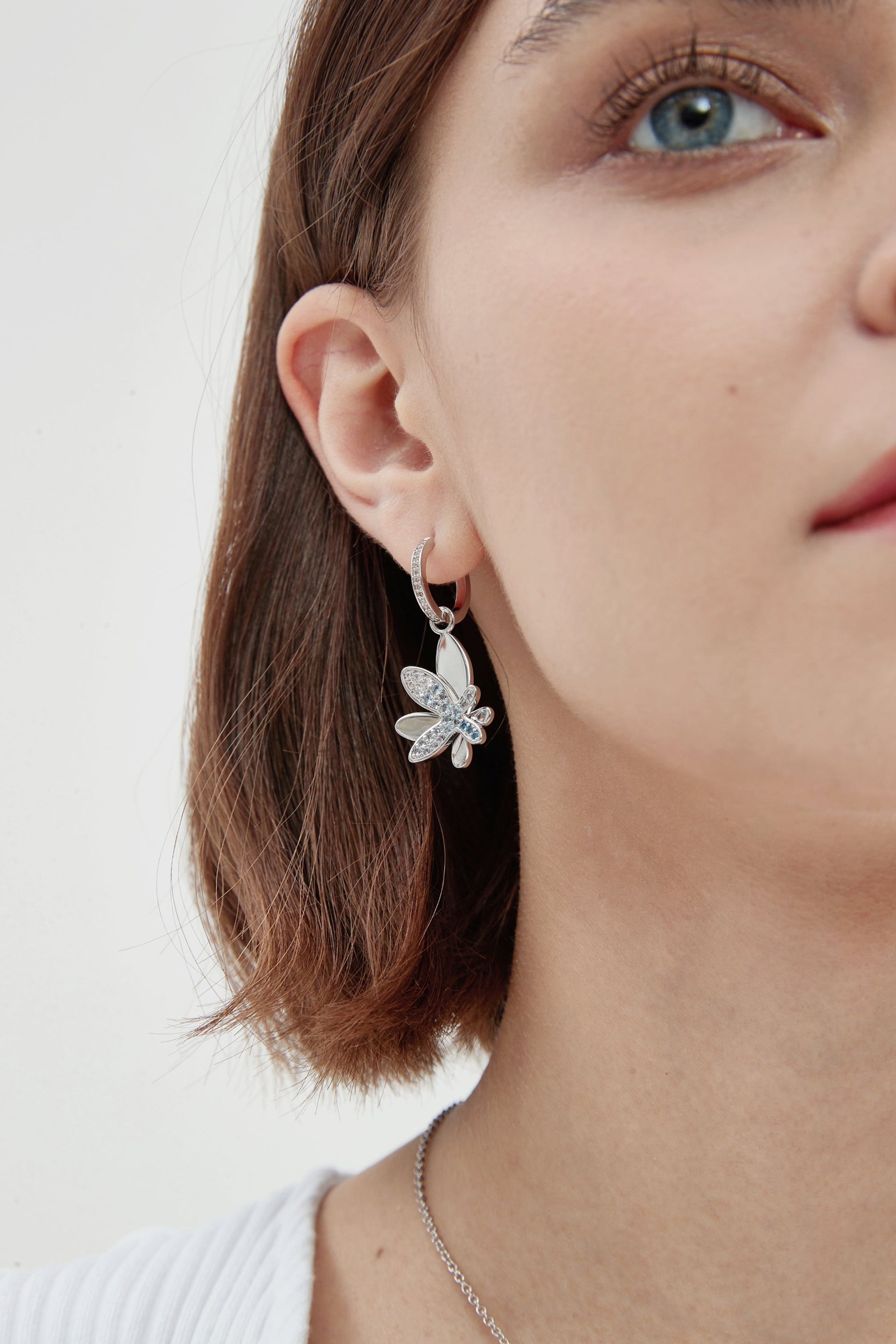 Silver Gradient Blue Pavé Diamond Butterfly Dangle Drop Hoop Earrings