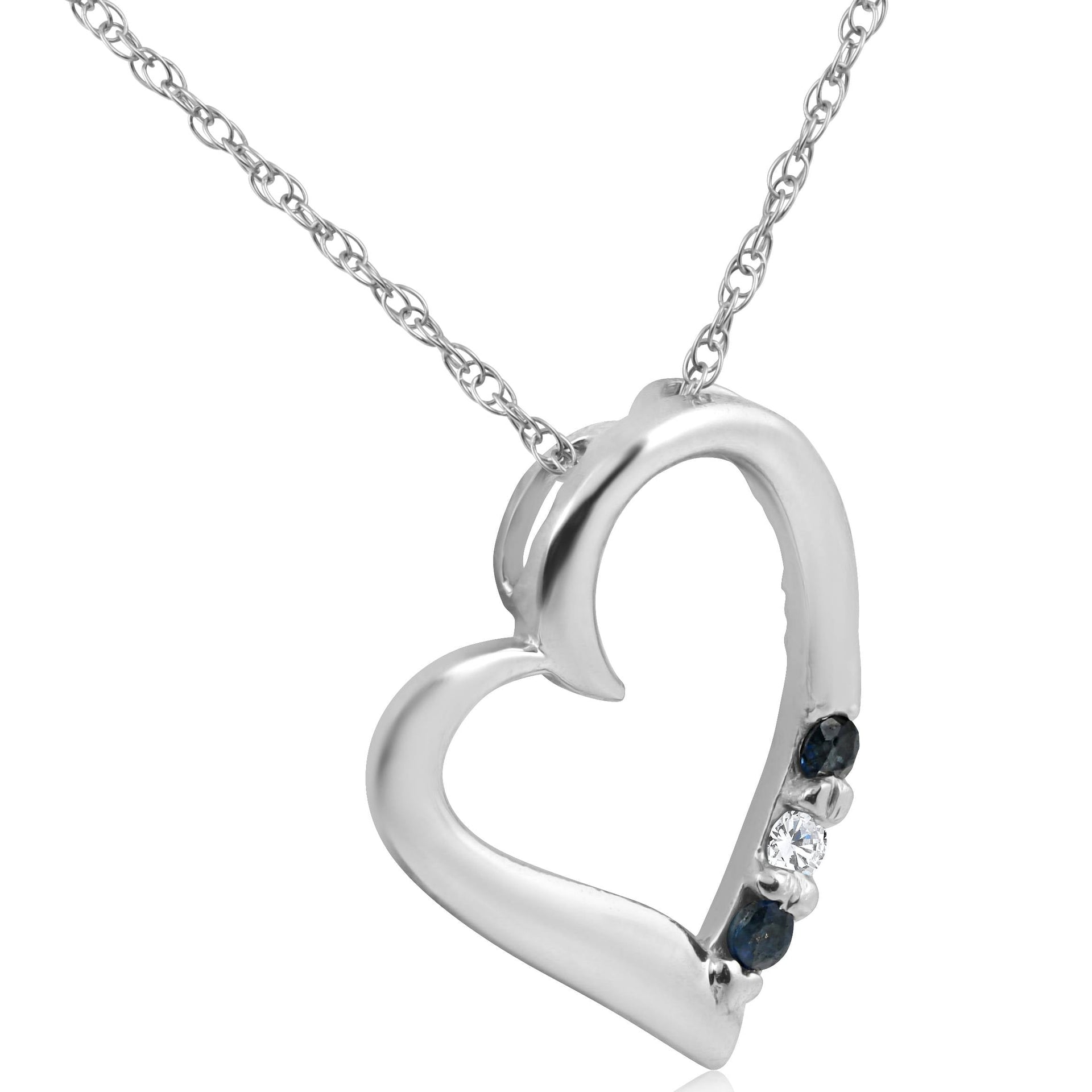 Diamond & Blue Sapphire Heart Pendant 3-Stone 14K White Gold with 18' Chain