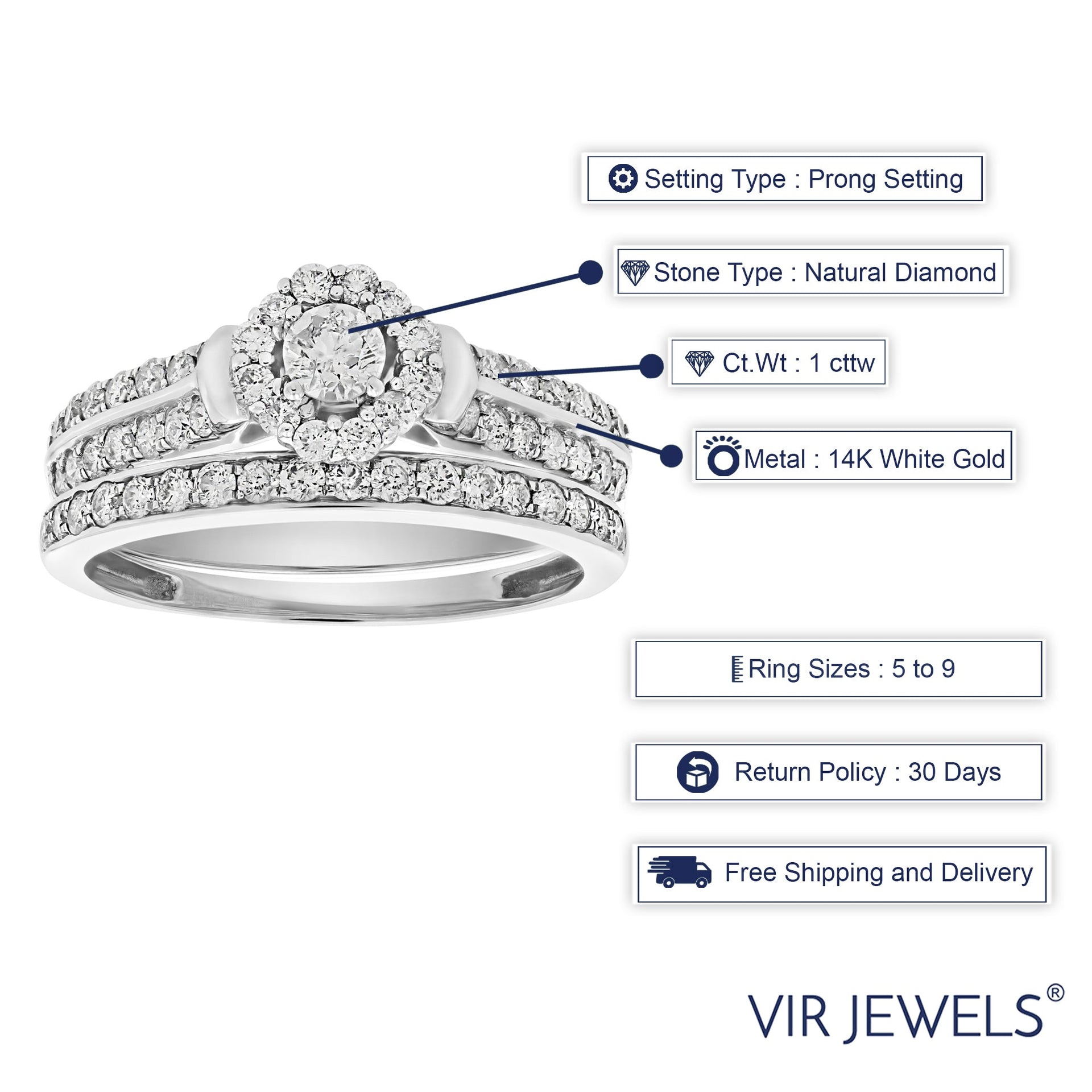 1 Cttw Diamond Halo Cluster Wedding Engagement Ring Set 14K White Gold Bridal