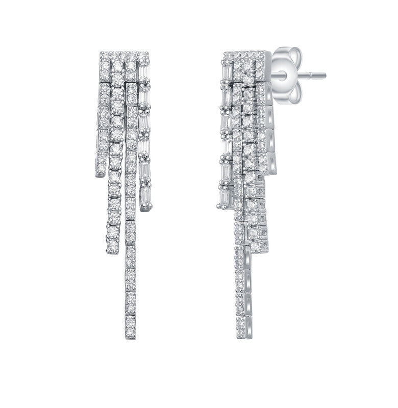 Sterling Silver White Gold Plated With Cubic Zirconia Graduated Fringe Dangle Earrings