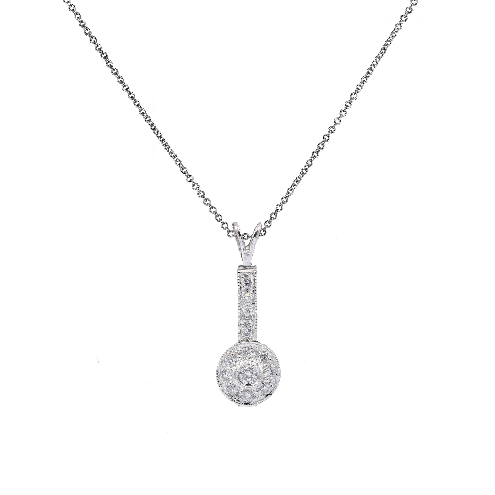 14kt white gold, 16.50' diamond pendant with halo design adorned with 0.50 cts tw round diamonds