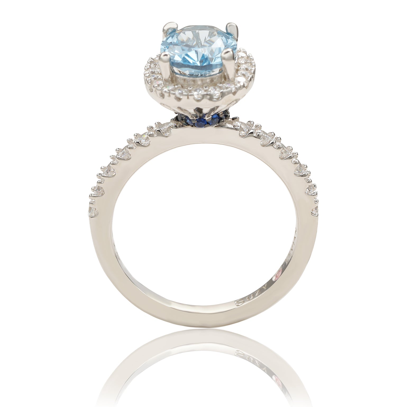Suzy Levian Sterling Silver Oval Aqua Cubic Zirconia Halo Ring