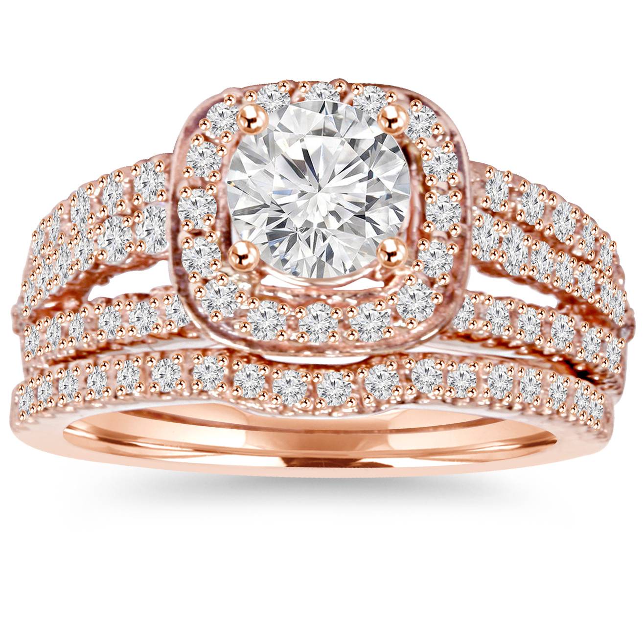 1.50CT Cushion Halo Diamond Engagement Ring Set 14K Rose Gold