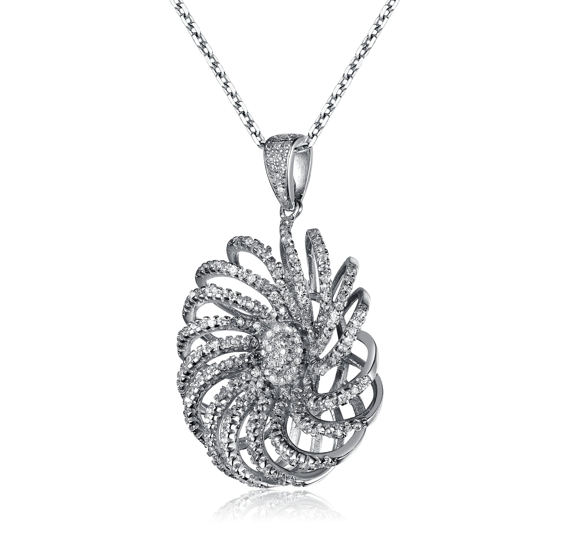 C.z. Sterling Silver Rhodium Plated Round Fancy Pendant