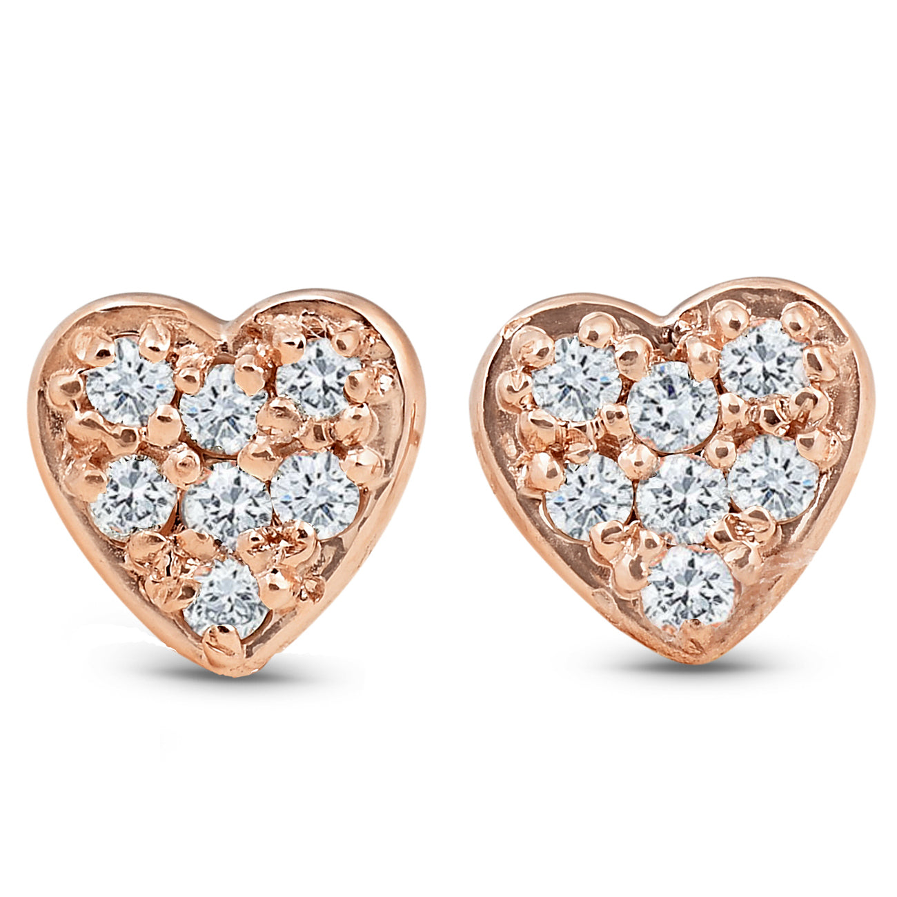14K Rose Gold Diamond Pave Petite Heart Studs Dainty High Polished 5.7MM