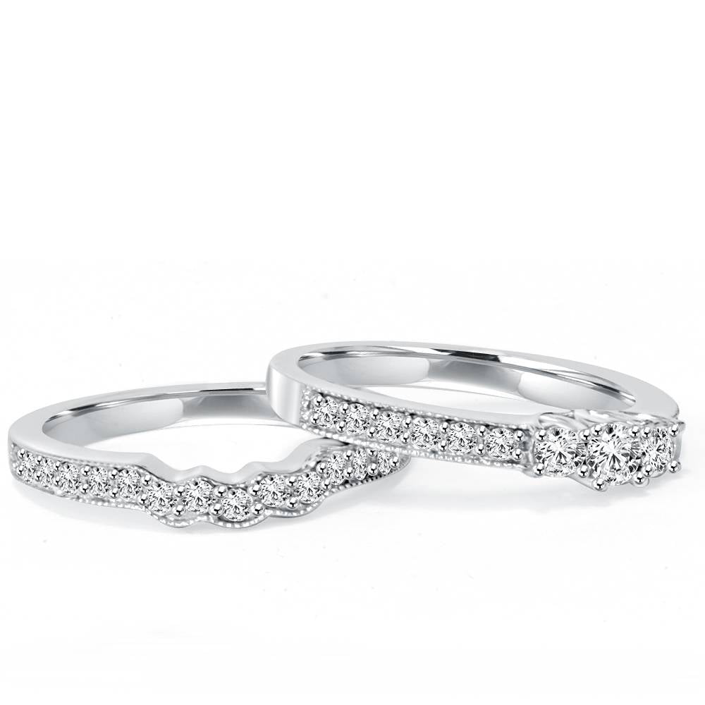 3/4 ct Three Stone Vintage Diamond Engagement Wedding Ring Set 10K White Gold