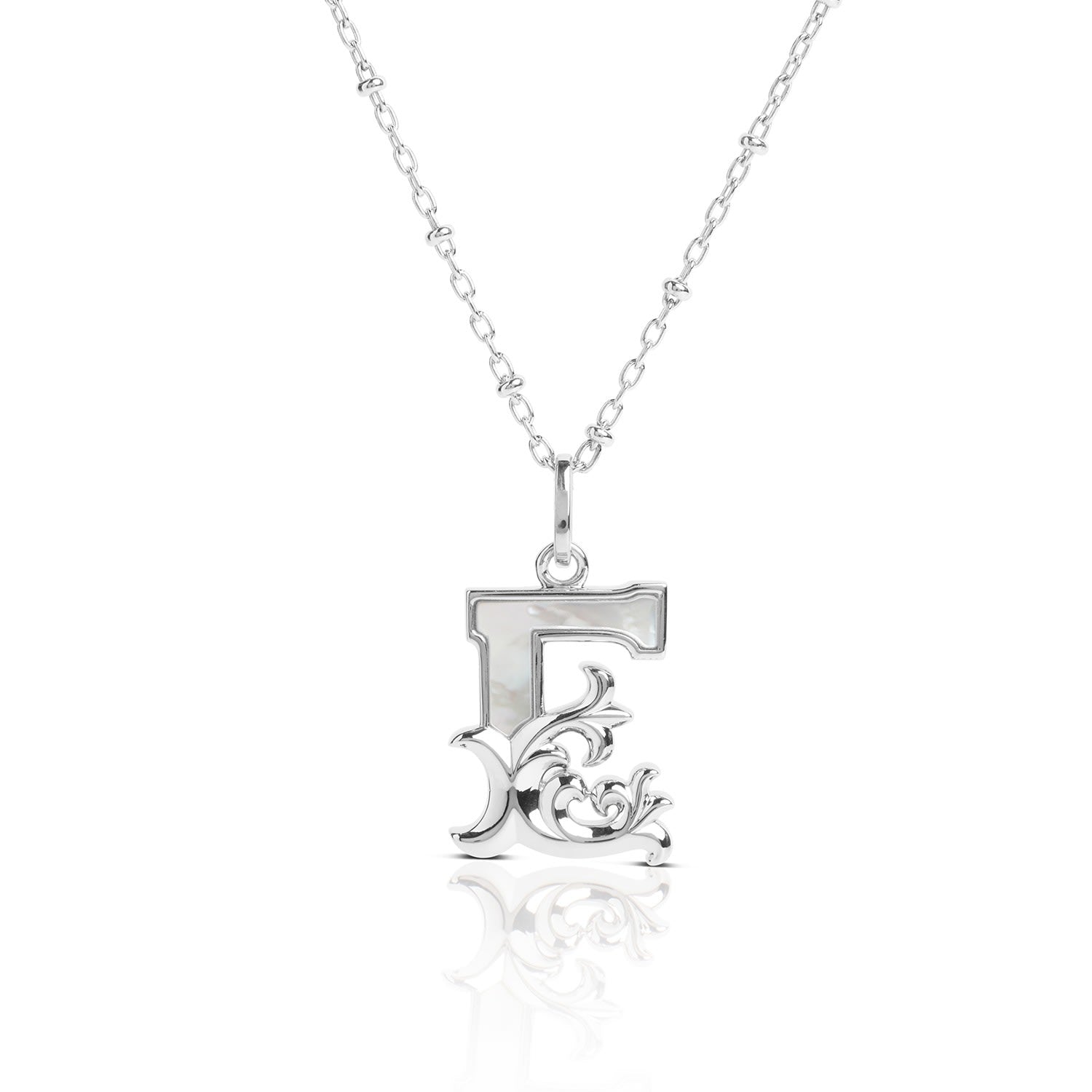 Solid Silver E Initial Necklace With Mother Of Pearl