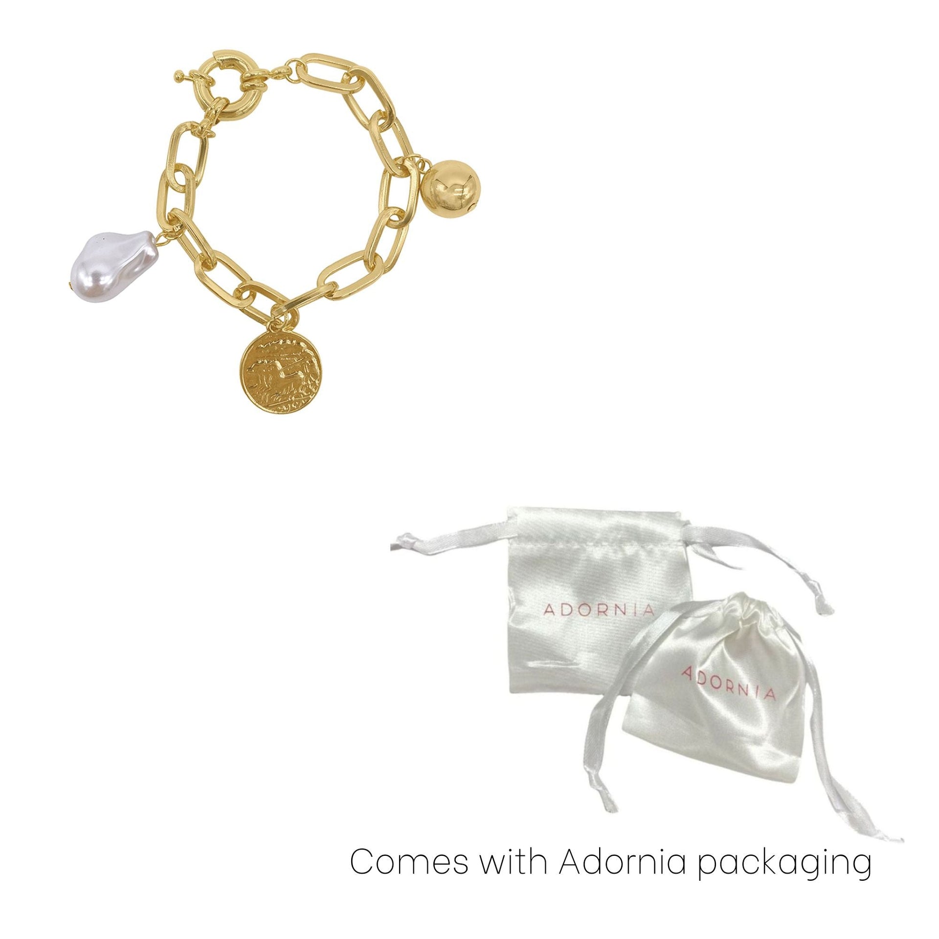 14k Gold Plated Pearl and Charm Link Bracelet with Oversized Lock