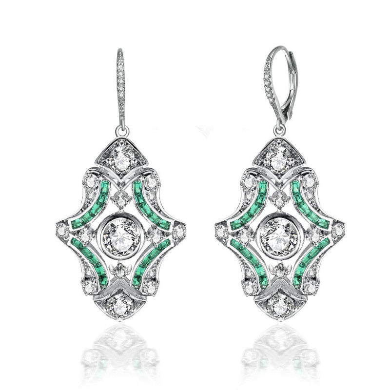 Sterling Silver White Gold Plated with Colored Cubic Zirconia Art Deco Lever Back Earrings