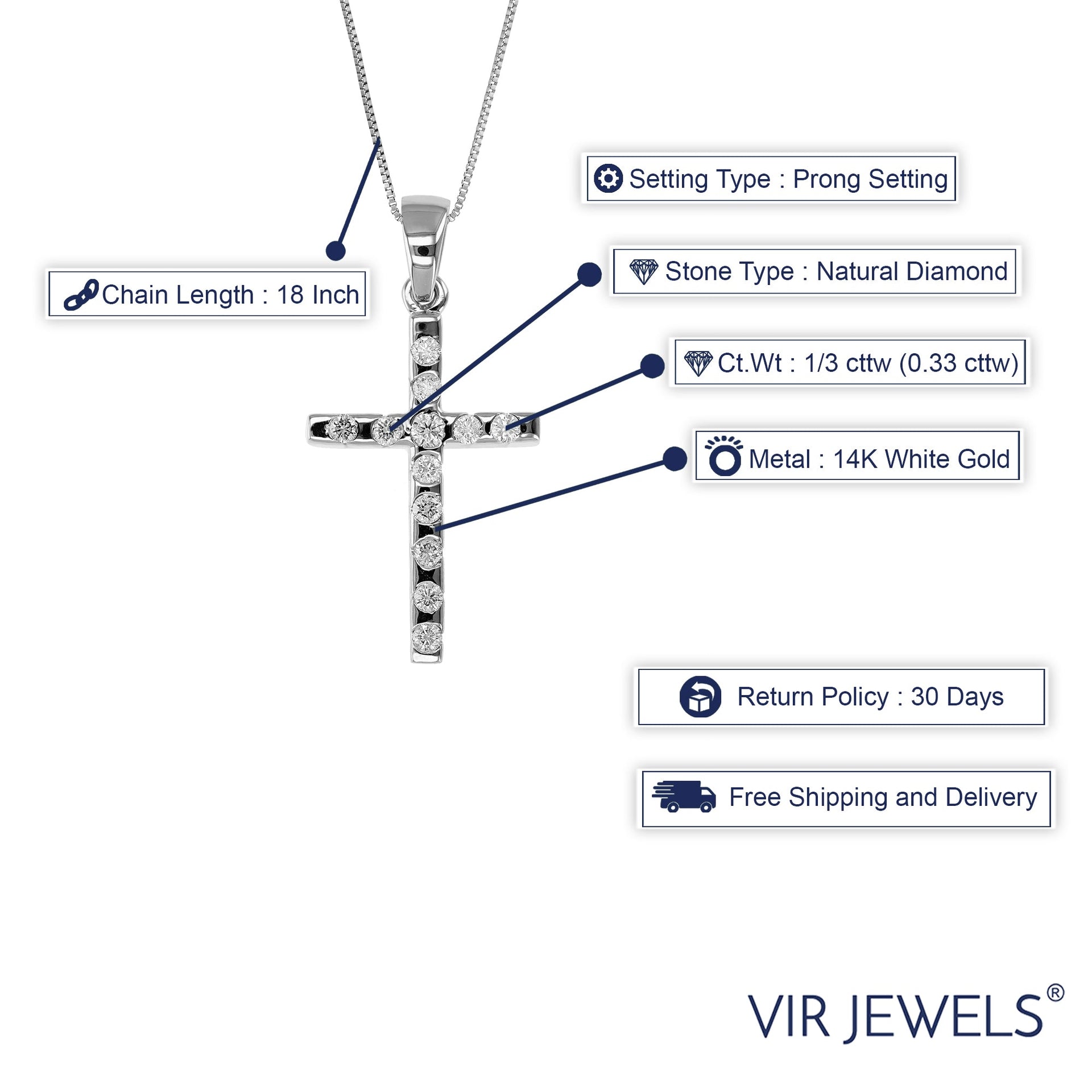 1/3 cttw Diamond Pendant, Diamond Cross Pendant Necklace for Women in 14K White Gold with 18 Inch Chain, Prong Setting