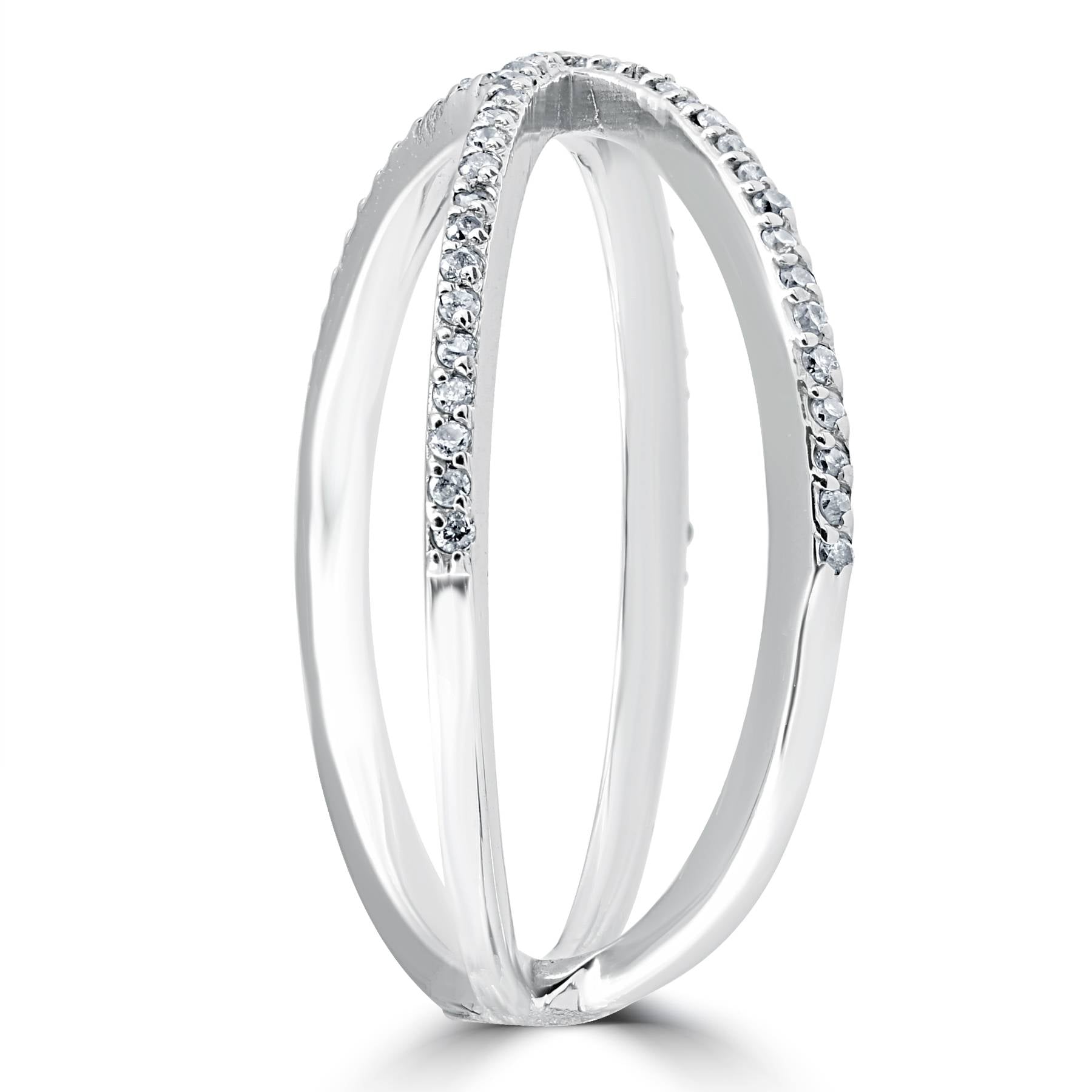 1/5CT 10K White Gold Round Diamond Crossover Cocktail Fashion Statement X Ring