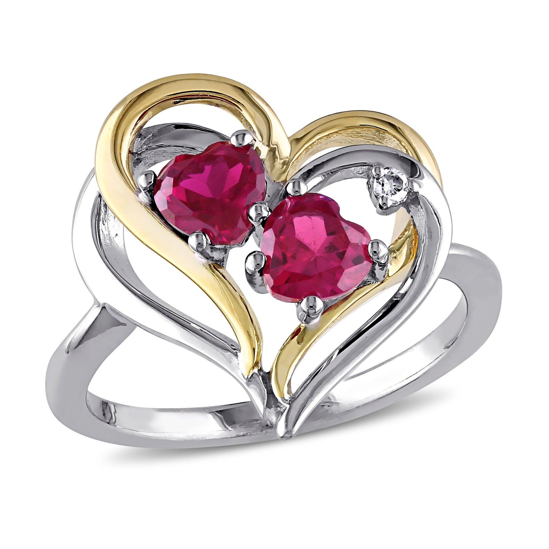 Mimi & Max 1 1/6ct TGW Created Ruby and Diamond Double Heart Ring in 2-Tone Yellow and White Sterling Silver