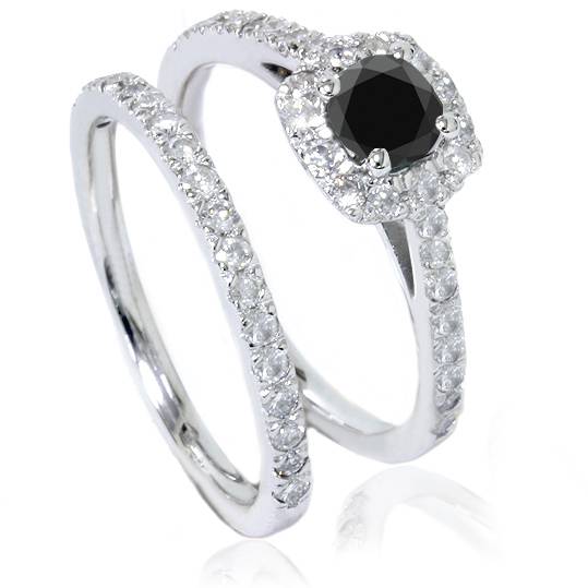 7/8ct Cushion Halo Black Diamond Engagement Ring Set 14K White Gold
