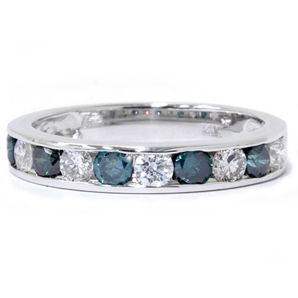 1ct Channel Set Blue & White Diamond Ring 14K White Gold