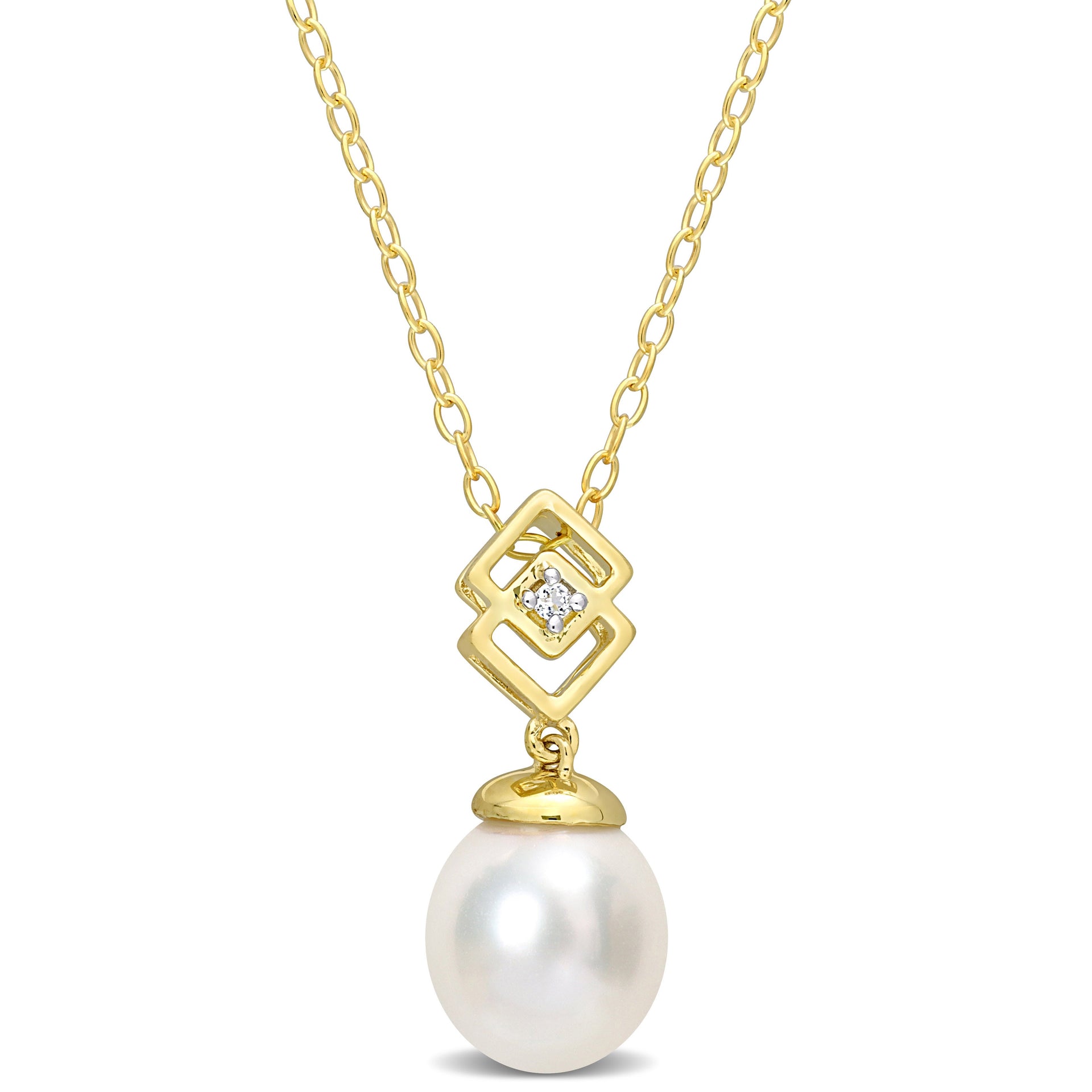 8-9mm South Sea Cultured Pearl and White Topaz Drop Pendant with Chain in Yellow Silver