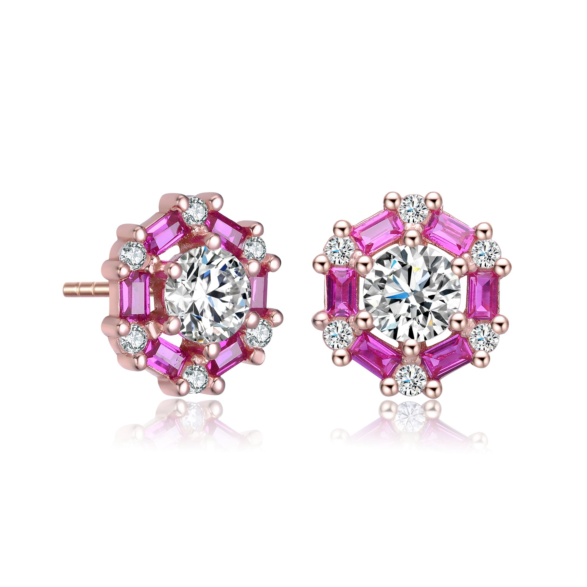 Ga Sterling Silver With Rose Gold Plated Round And Baguette Cubic Zirconia Stud Earrings