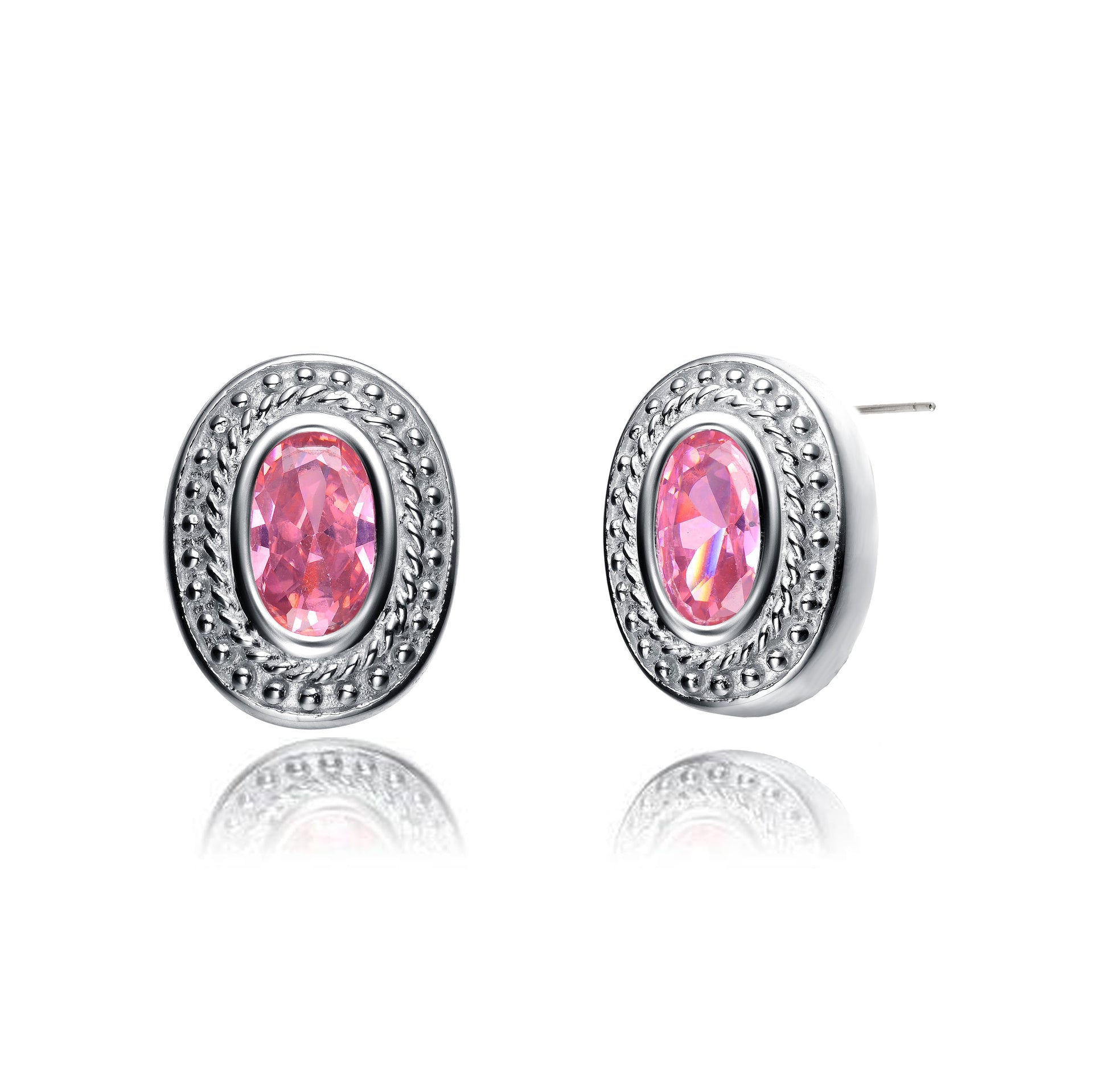 Sterling Silver Pink Cubic Zirconia Oval Stud Earrings