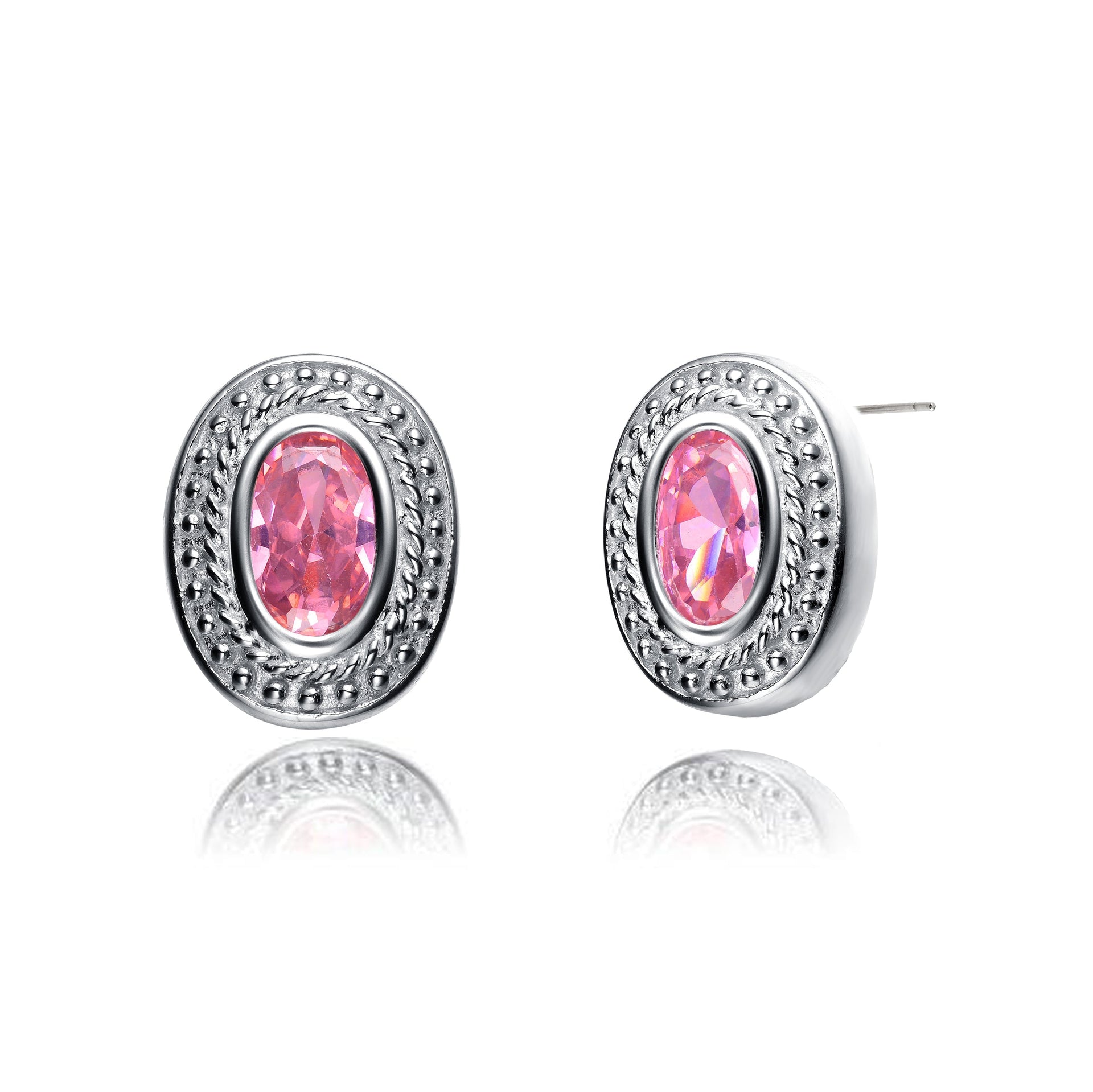 Sterling Silver Pink Cubic Zirconia Oval Stud Earrings
