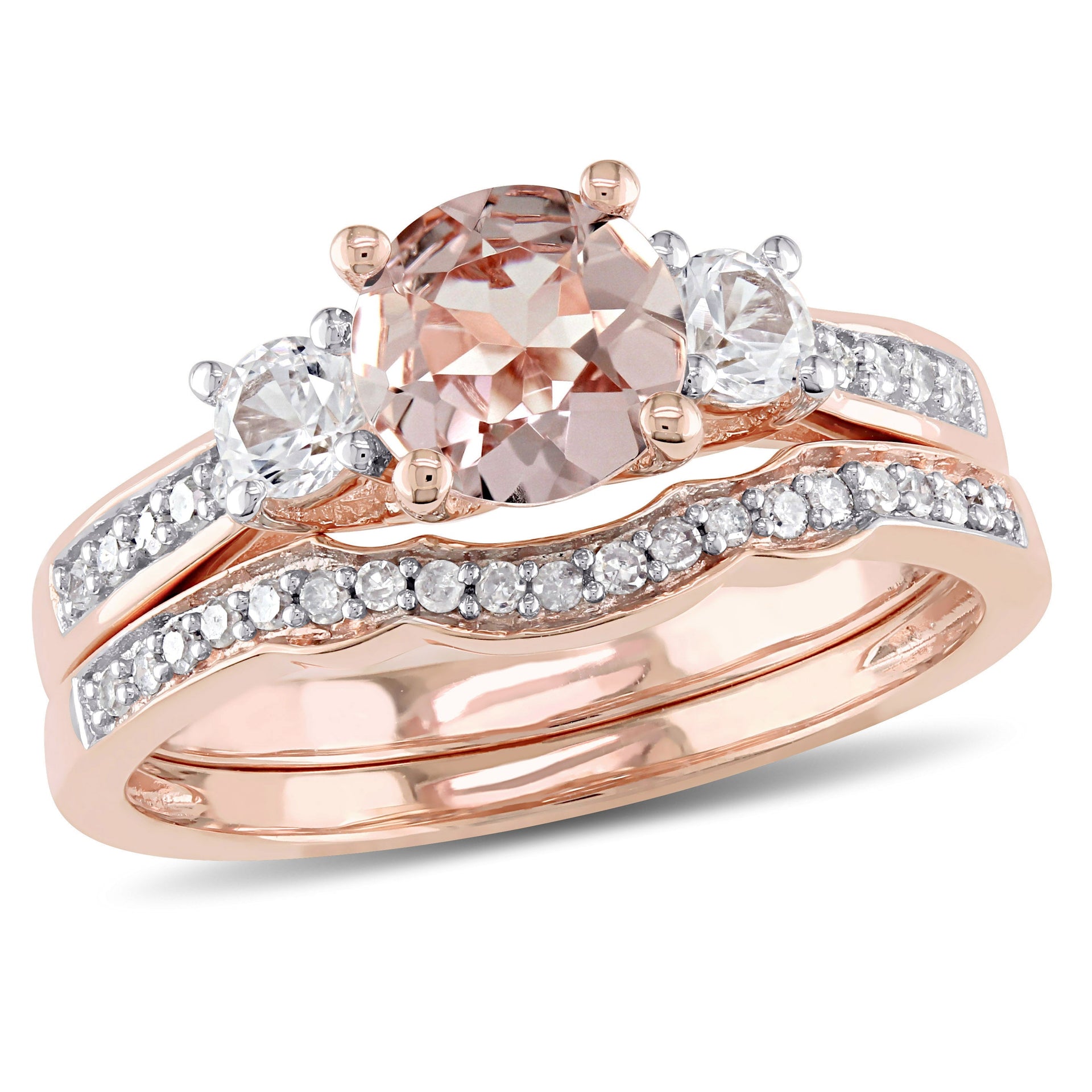 Morganite, Created White Sapphire and 1/7ct TW Diamond 3-Stone Bridal Ring Set in 10k Rose Gold