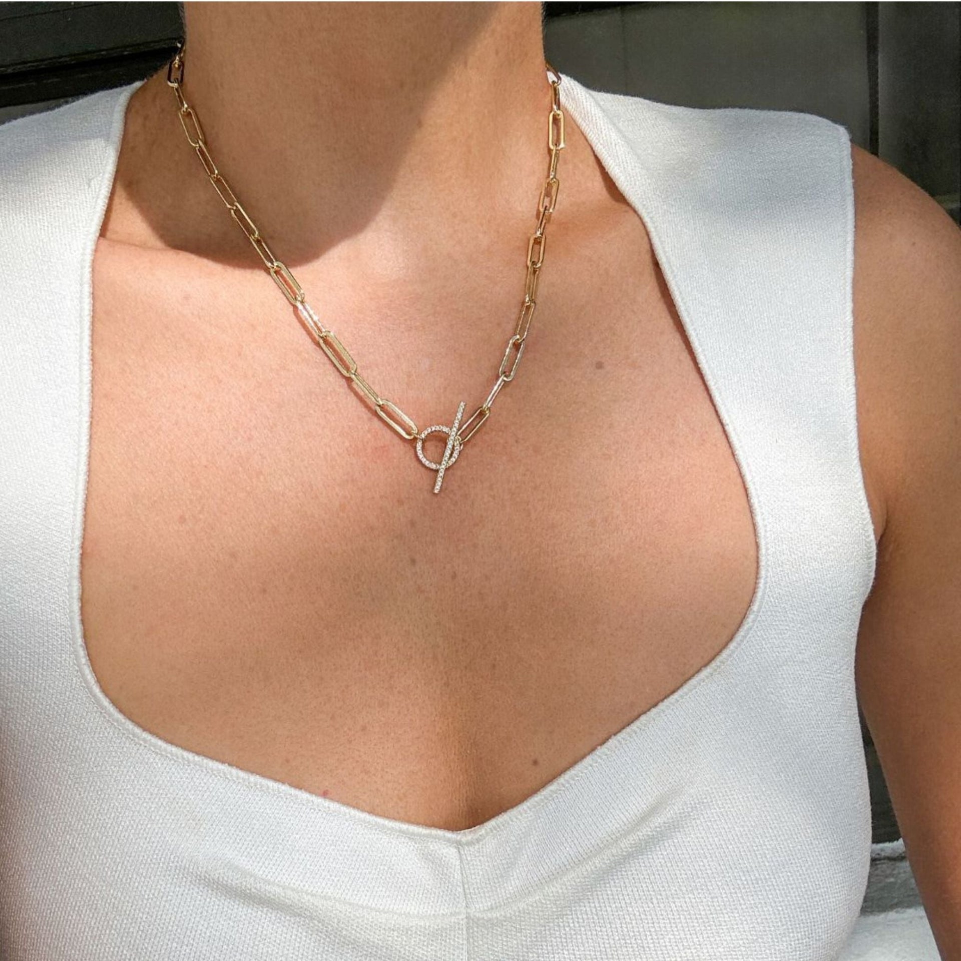 14k Gold Plated Paperclip CZ Toggle Necklace