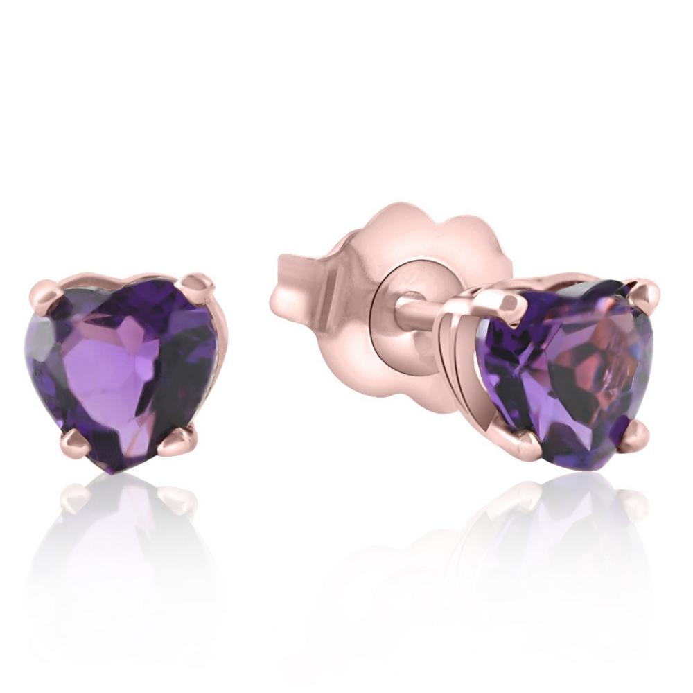1ct Heart Shaped Amethyst Studs Earrings in 14K, Yellow, Rose, or White Gold