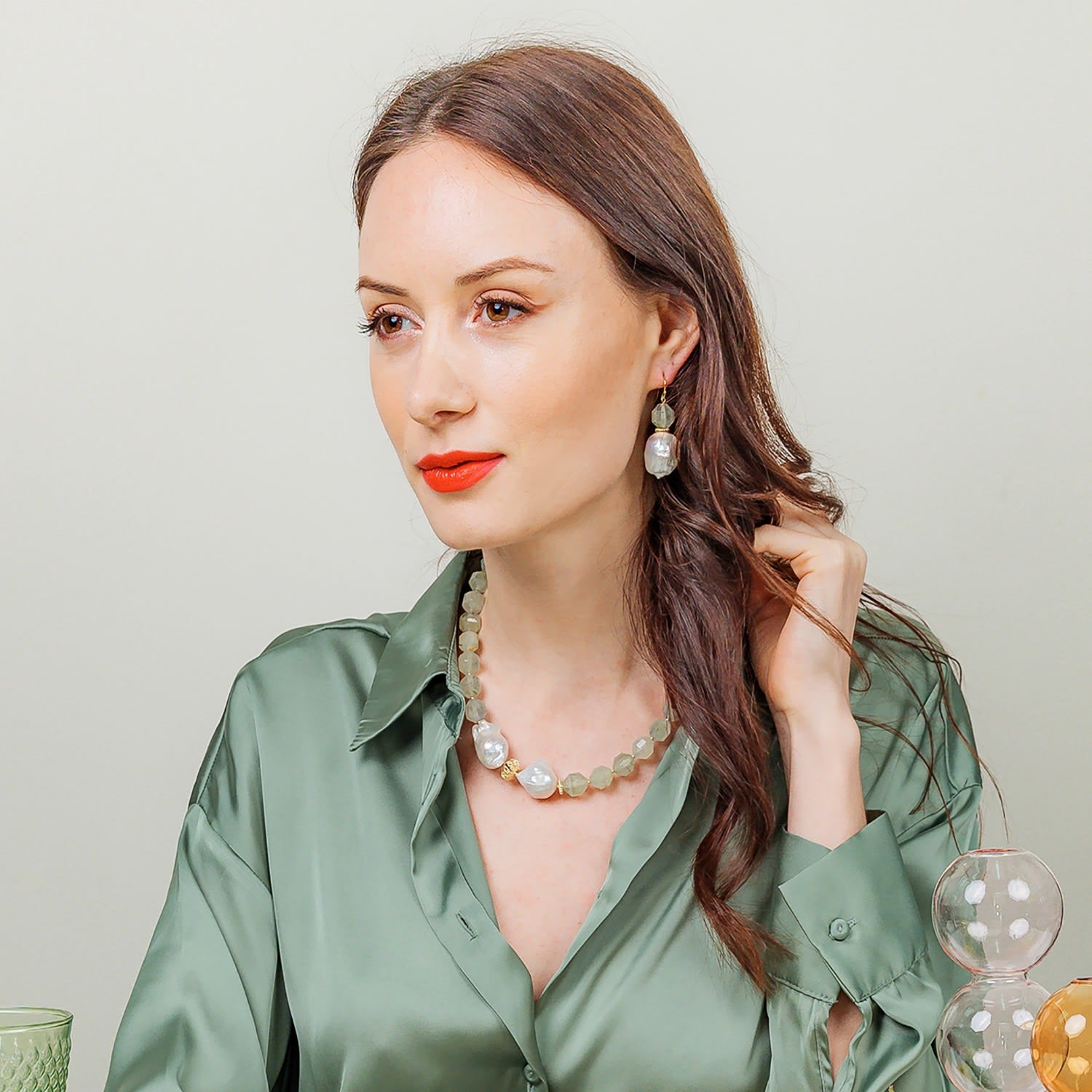 Olivine With Baroque Pearl Hook Earrings