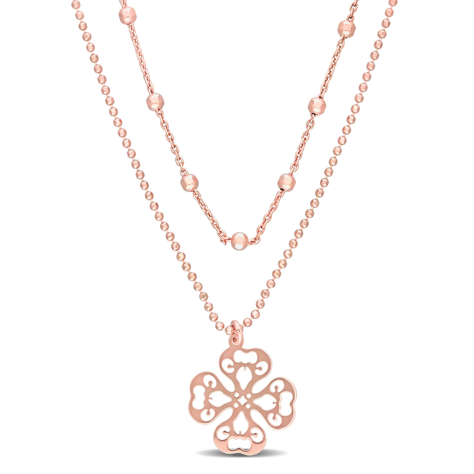 2-Strand Ball Bead Chain Necklace in 18k Rose Gold Plated Sterling Silver, 19 in