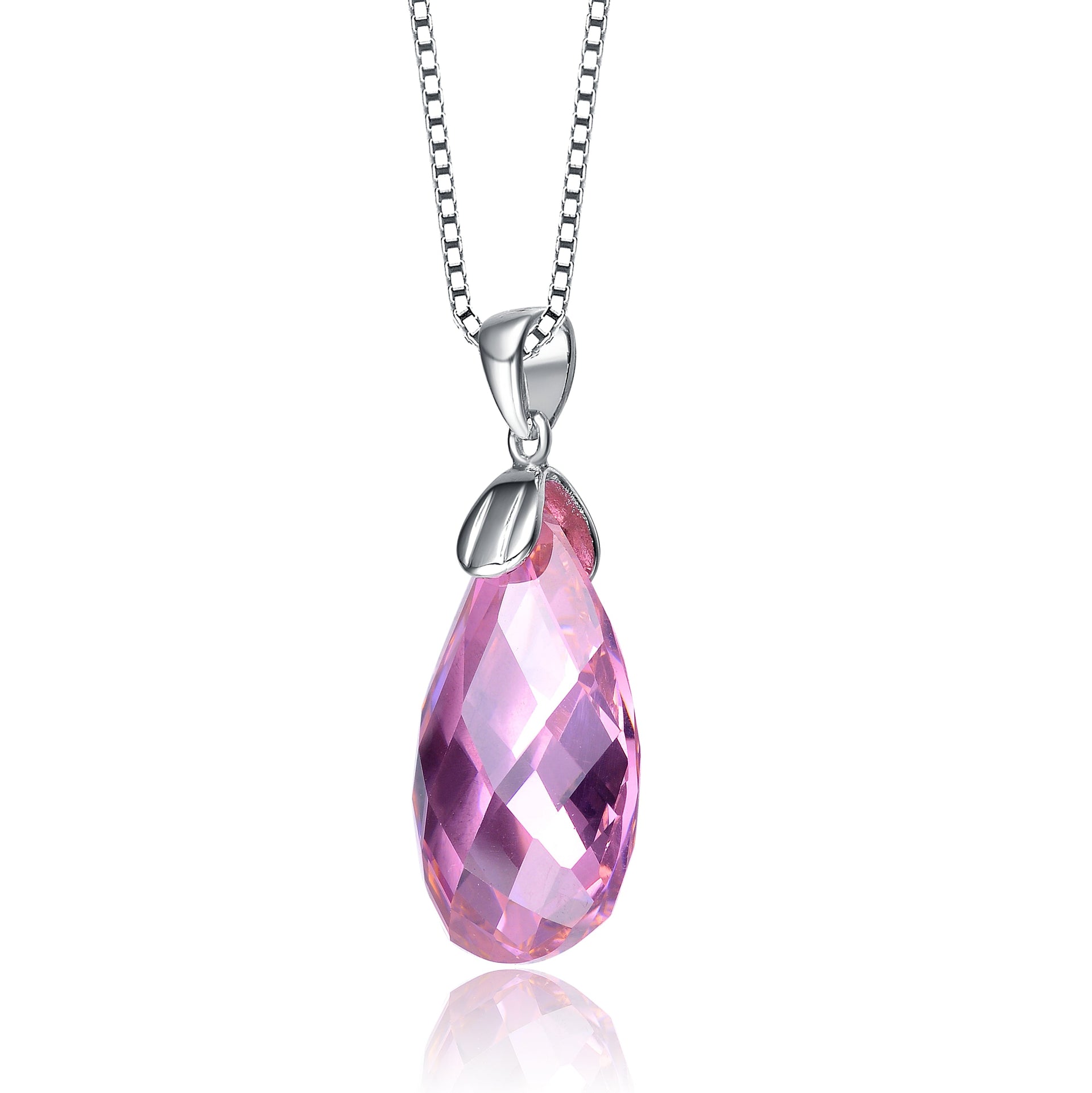C.z. Sterling Silver Rhodium Plated Pink Teardrop Pendant