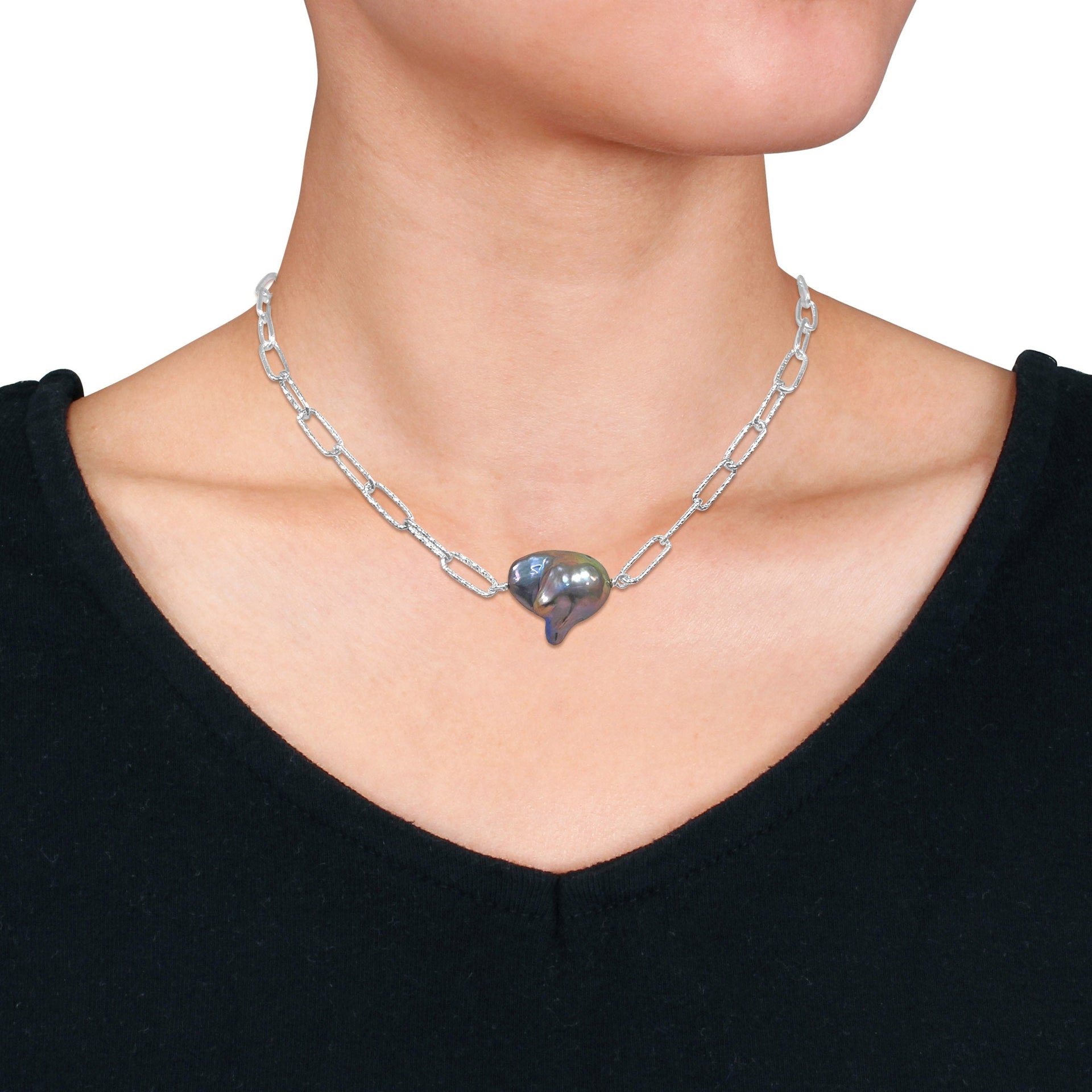 Mimi & Max 13-14mm Grey Cultured Freshwater Baroque Pearl Paperclip Necklace in Sterling Silver - 16+2 in