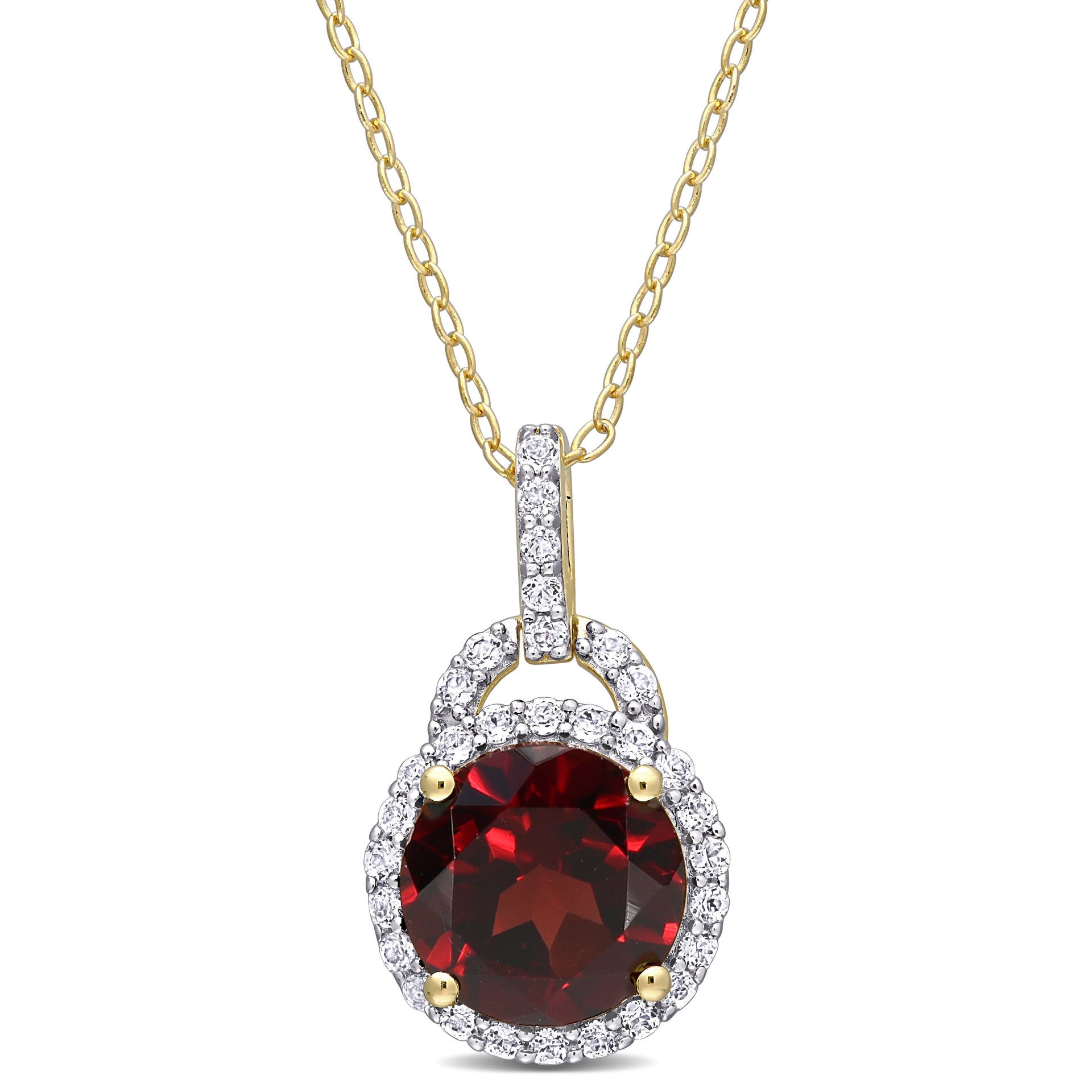 3 1/2 CT TGW Garnet and White Topaz Pendant with Chain in Yellow Plated Sterling Silver