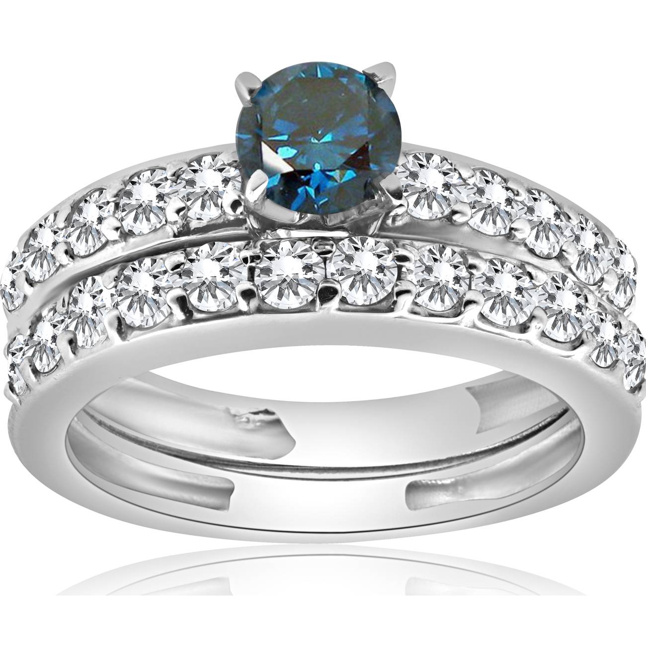 1 3/8 ct Blue Round Cut Diamond Matching Bridal Engagement Ring Set White Gold