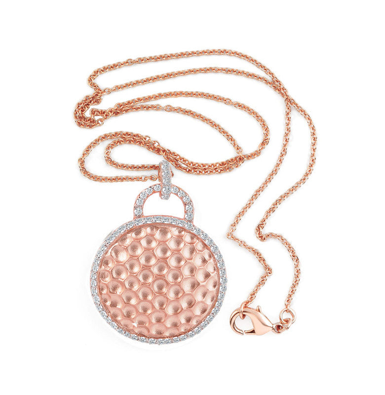 C.z. Sterling Silver Rose Plated Round Hammered Drop Pendant